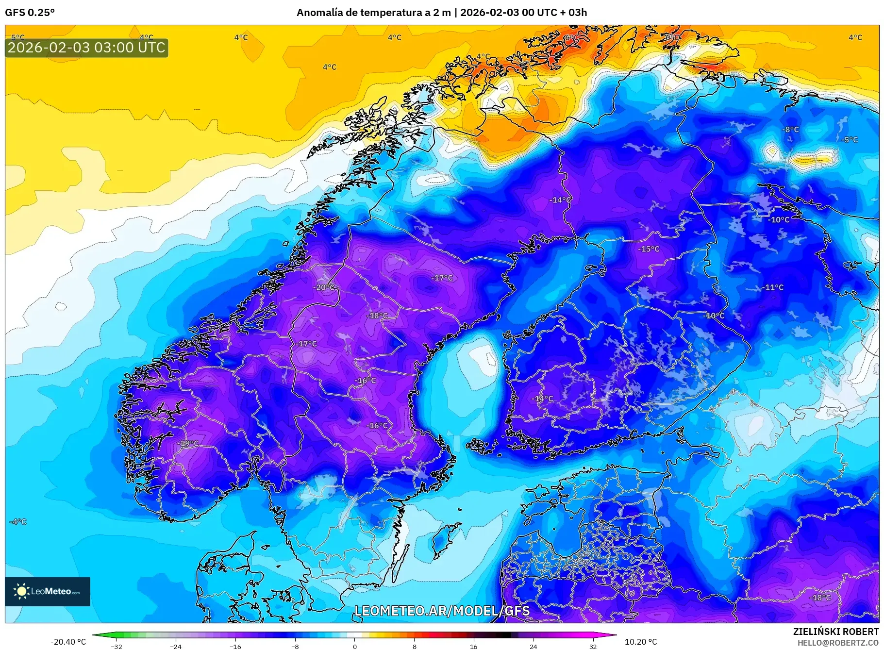 GFS model - Escandinavia, Anomalía de temperatura a 2 m