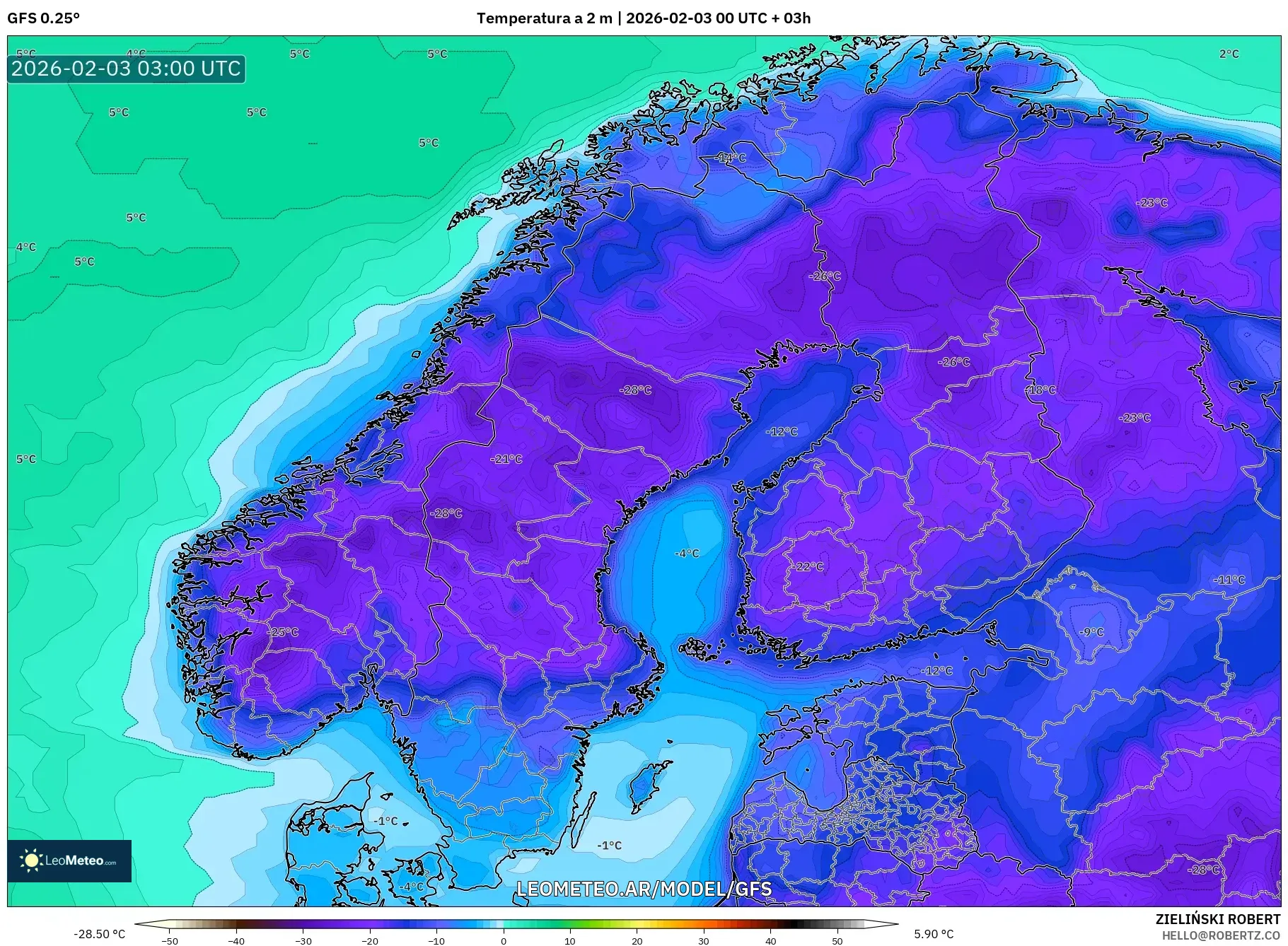 GFS model - Escandinavia, Temperatura a 2 m