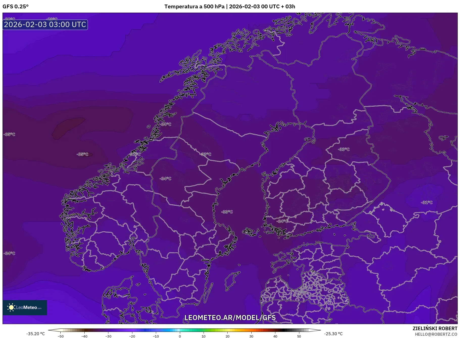 GFS model - Escandinavia, Temperatura a 500 hPa