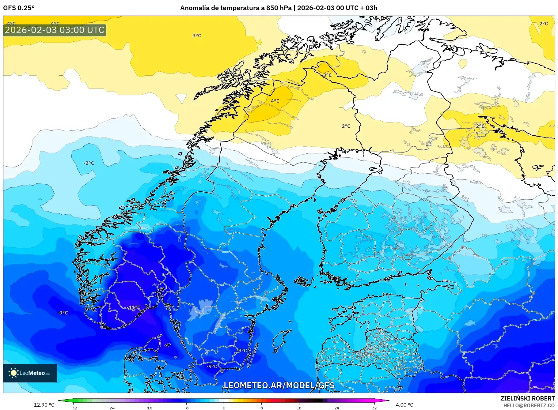 GFS model - Escandinavia, Anomalía de temperatura a 850 hPa