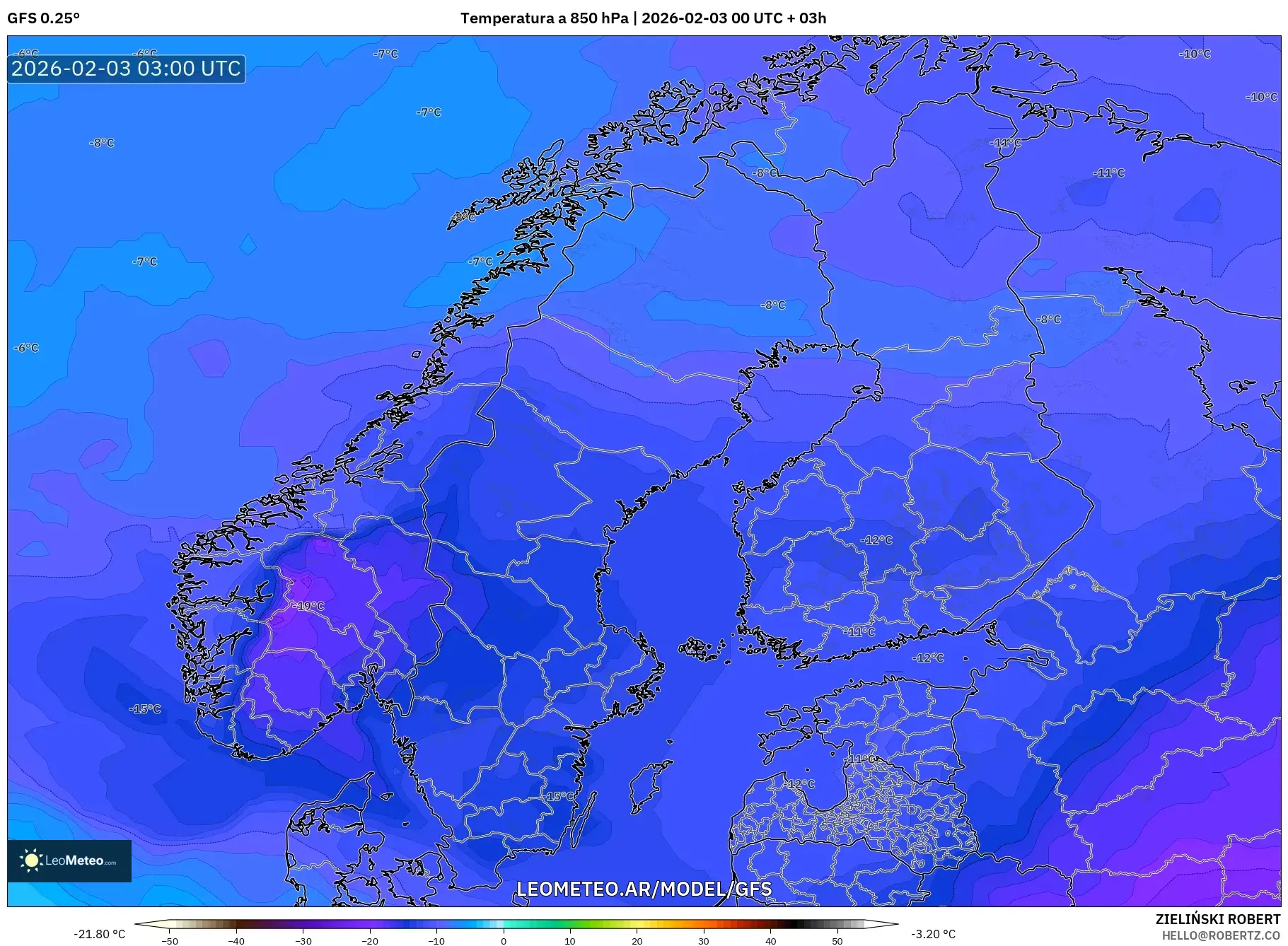 GFS model - Escandinavia, Temperatura a 850 hPa