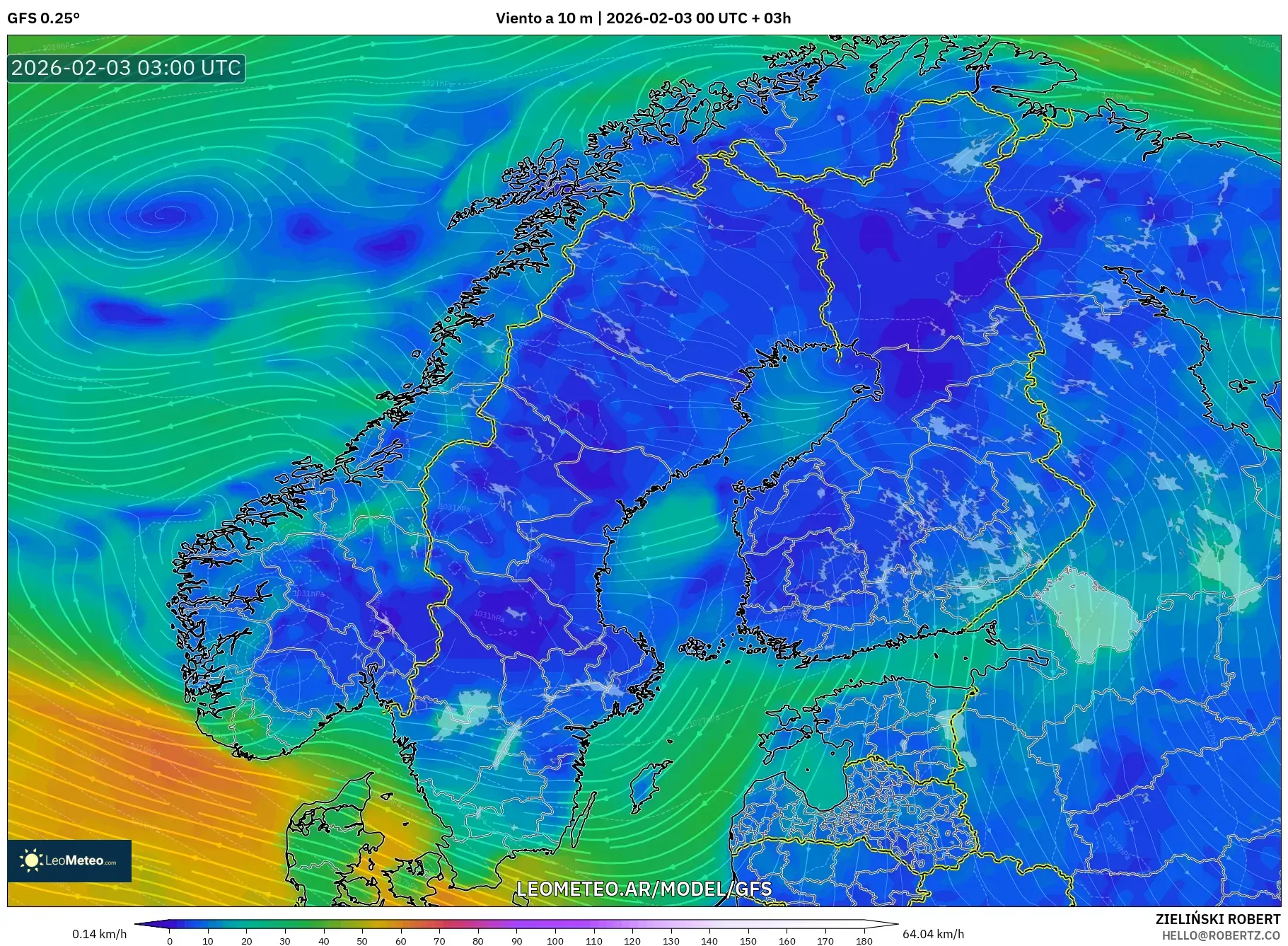 GFS model - Escandinavia, Viento a 10 m