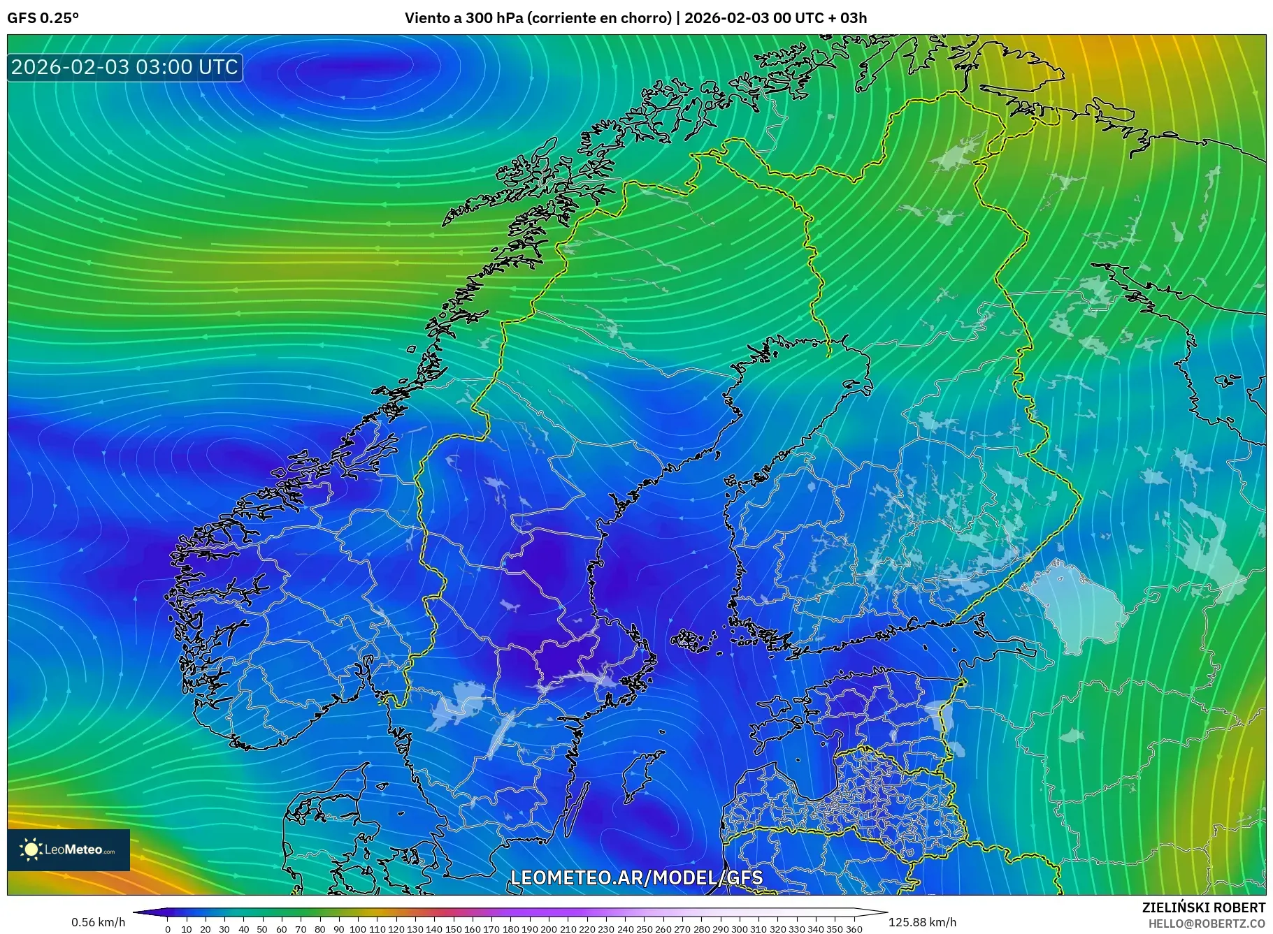 GFS model - Escandinavia, Viento a 300 hPa (corriente en chorro)