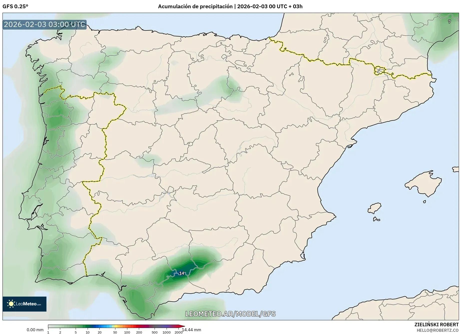 GFS model - España, Acumulación de precipitación