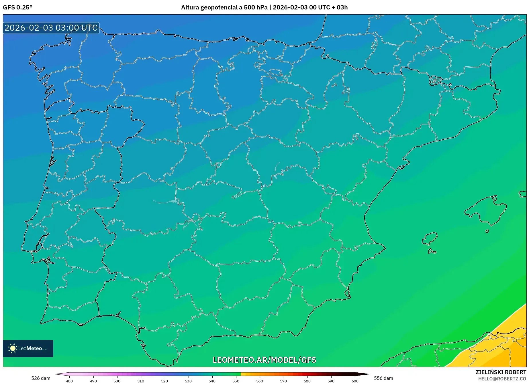 GFS model - España, Altura geopotencial a 500 hPa