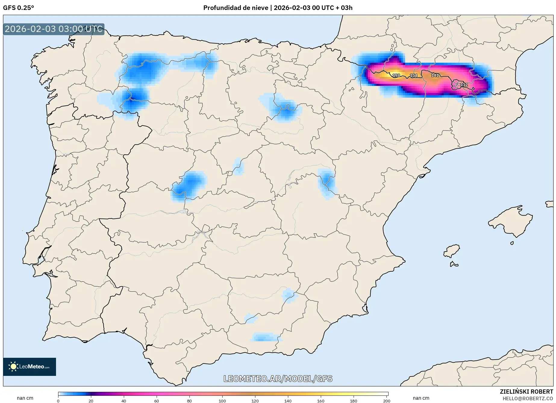 GFS model - España, Profundidad de nieve
