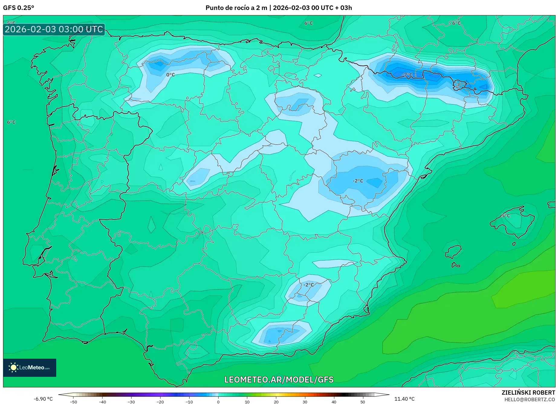 GFS model - España, Punto de rocío a 2 m