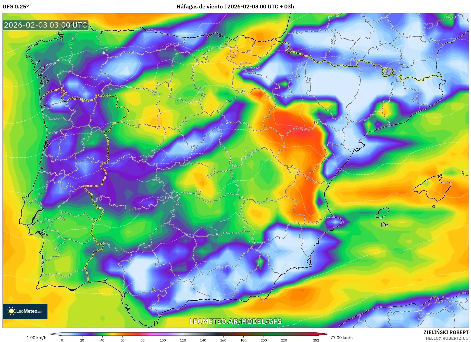 GFS model - España, Ráfagas de viento