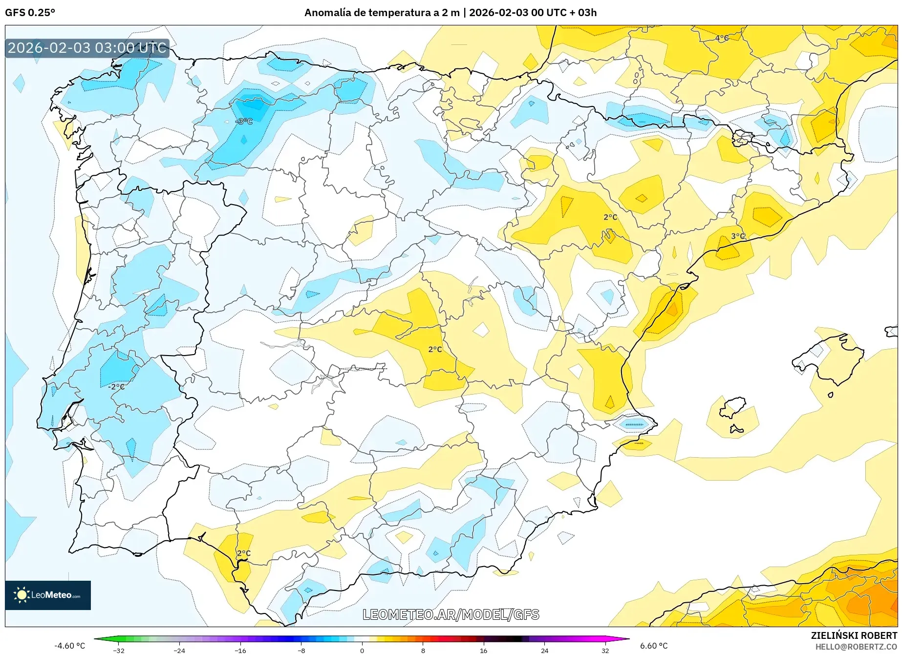 GFS model - España, Anomalía de temperatura a 2 m
