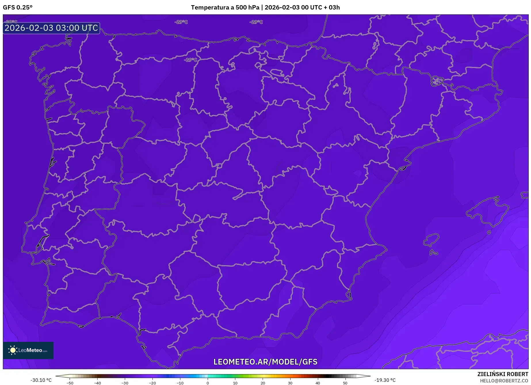GFS model - España, Temperatura a 500 hPa