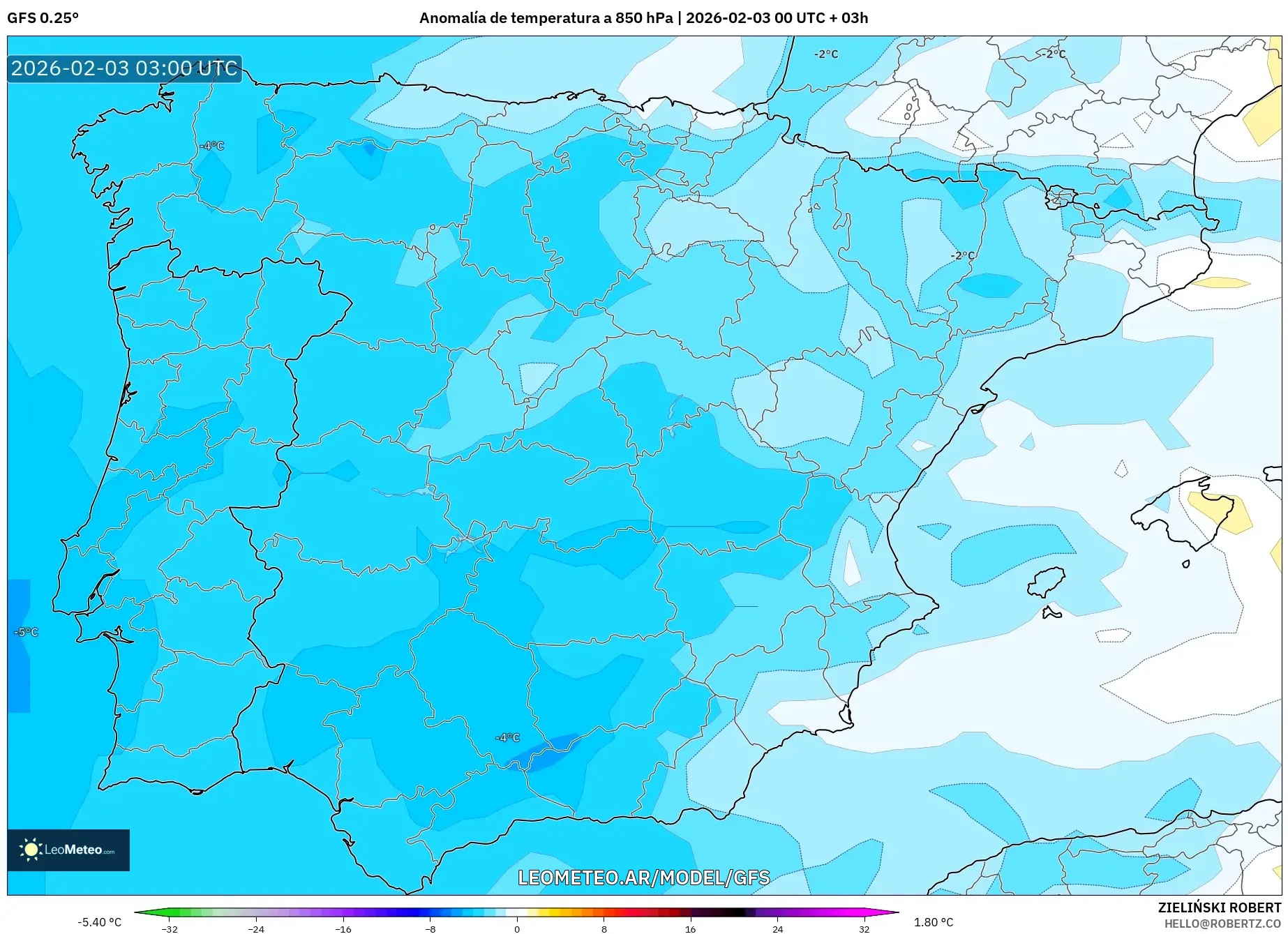 GFS model - España, Anomalía de temperatura a 850 hPa
