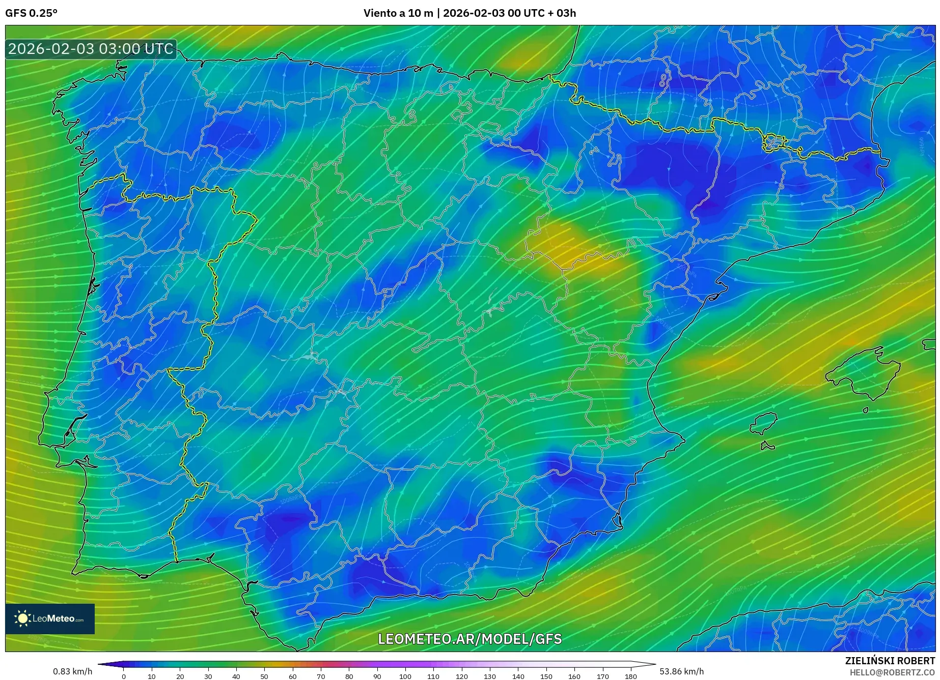 GFS model - España, Viento a 10 m