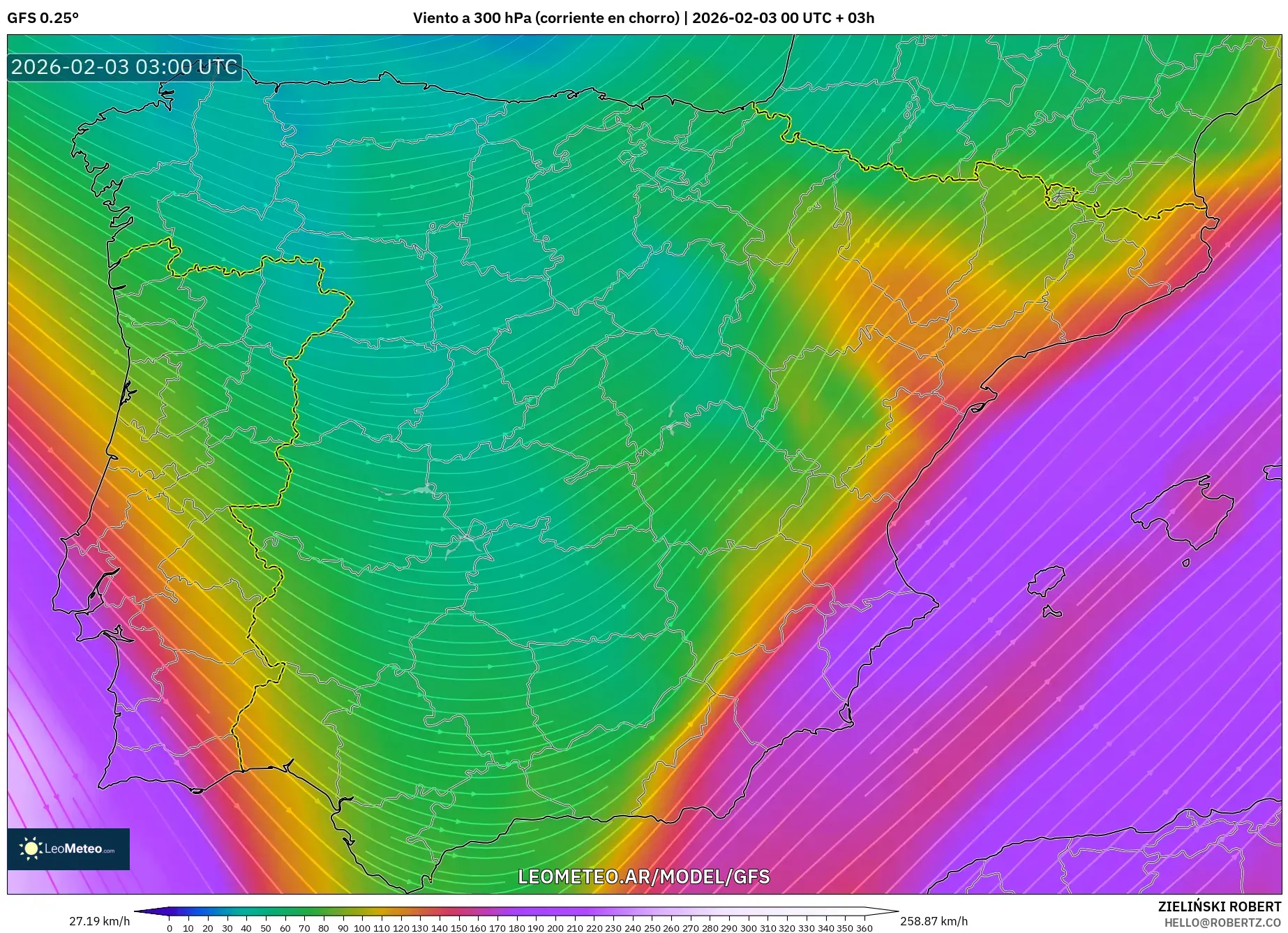 GFS model - España, Viento a 300 hPa (corriente en chorro)