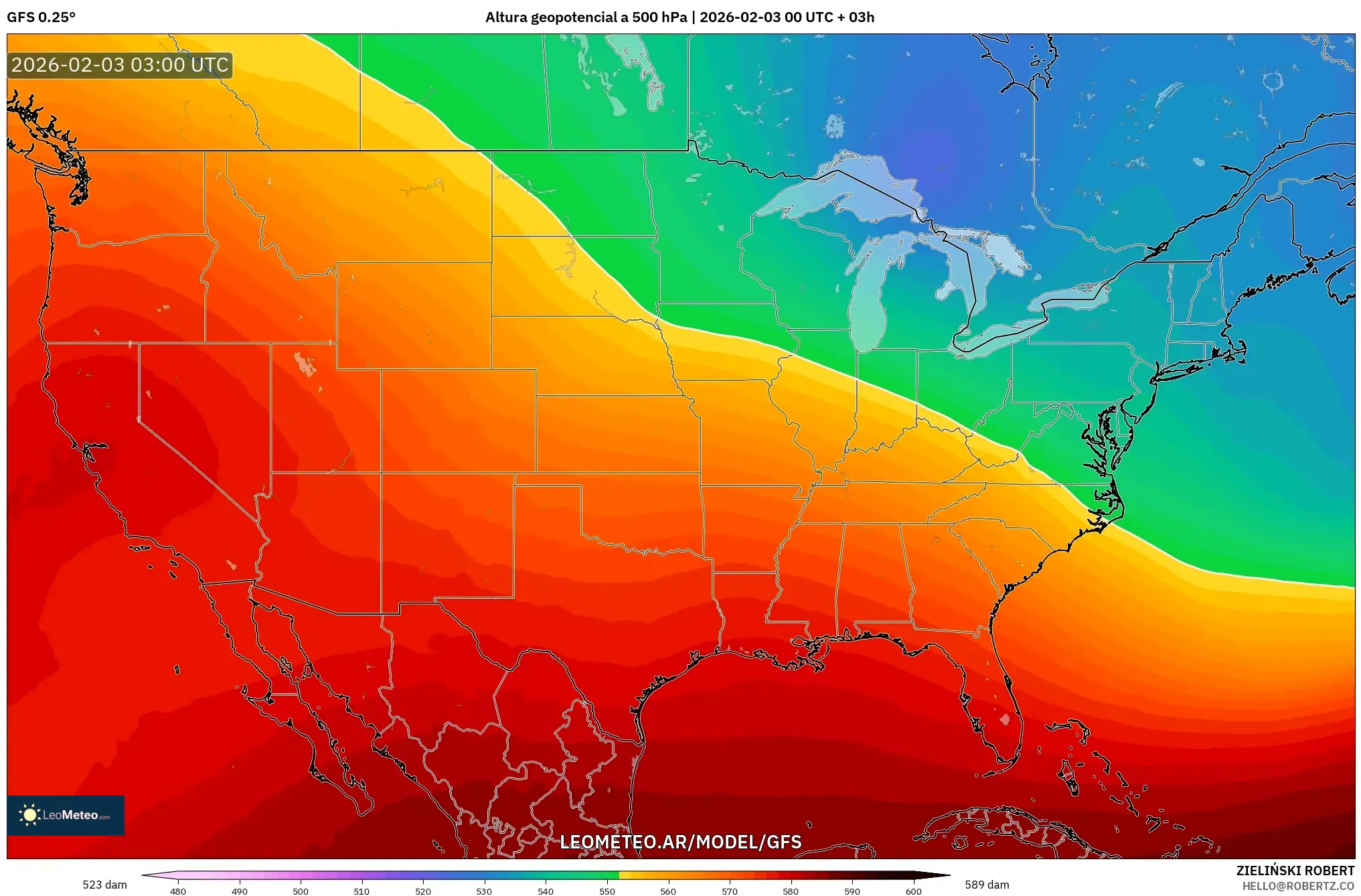 GFS model - Estados Unidos, Altura geopotencial a 500 hPa