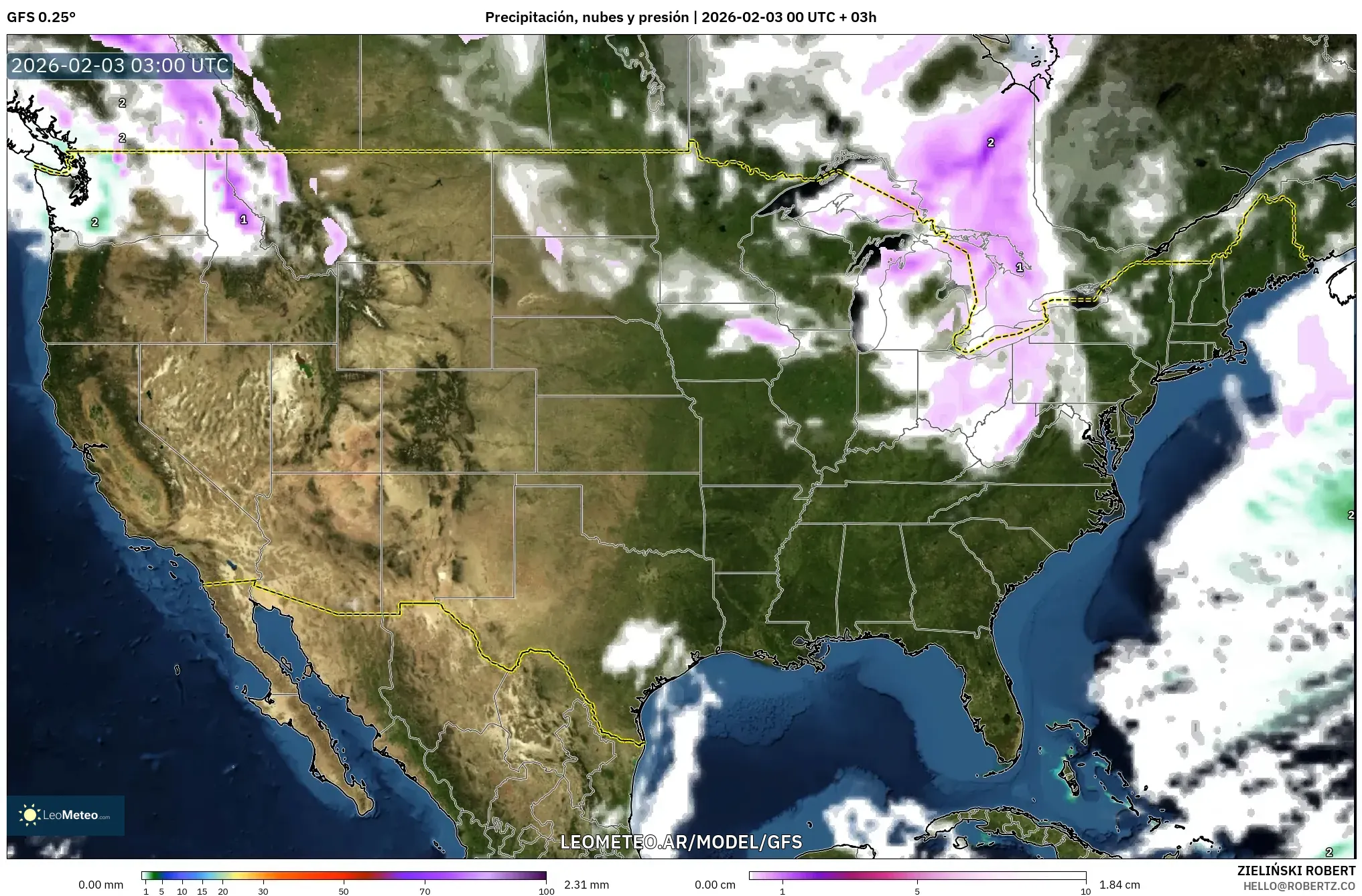 GFS model - Estados Unidos, Precipitación, nubes y presión