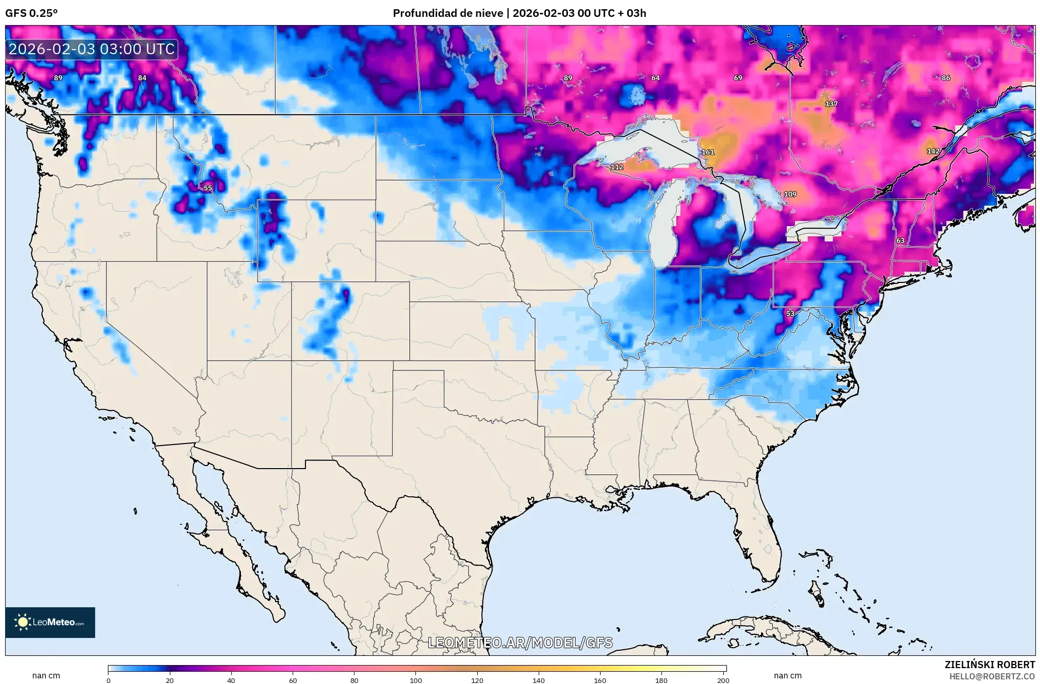 GFS model - Estados Unidos, Profundidad de nieve