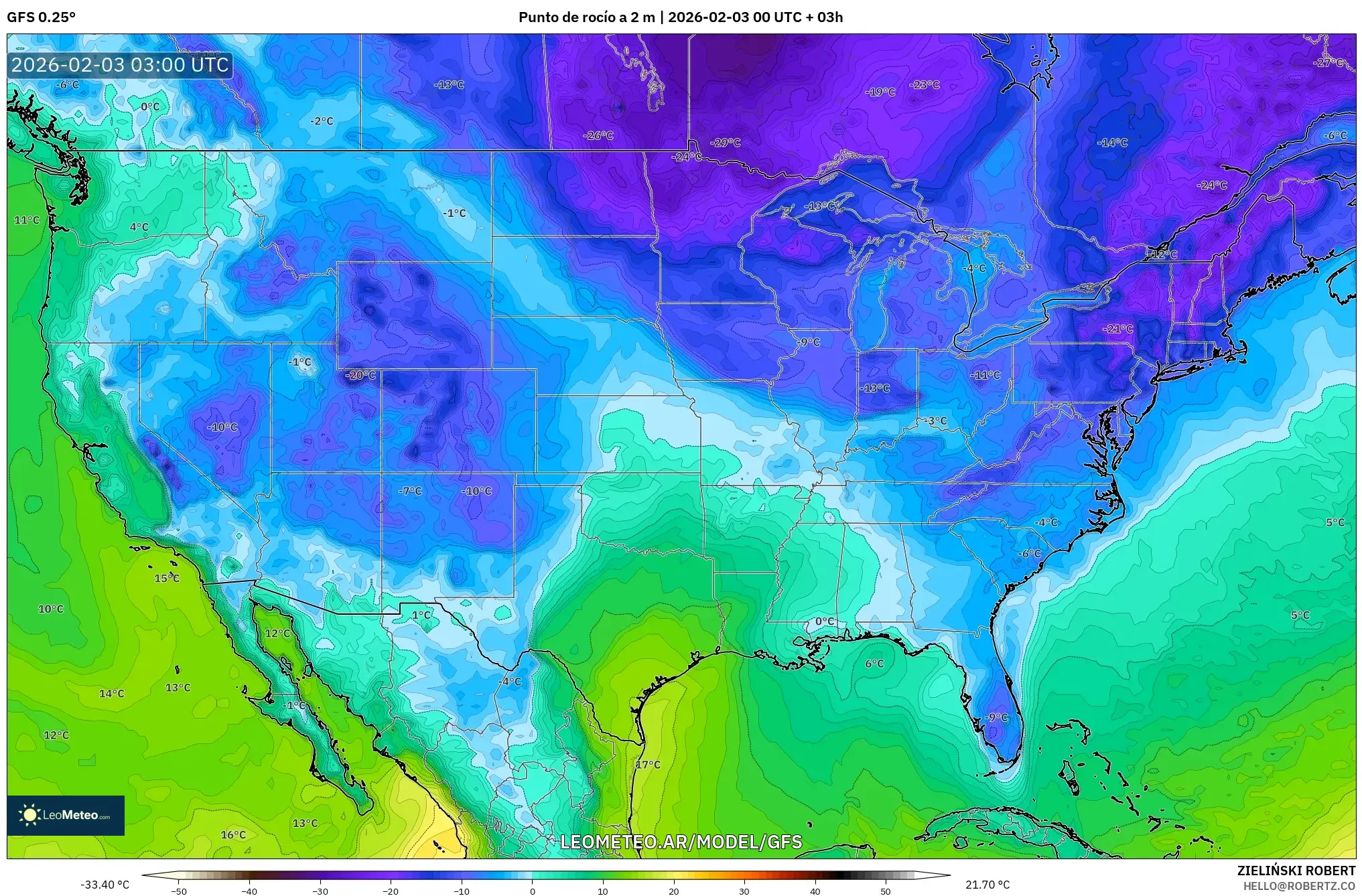 GFS model - Estados Unidos, Punto de rocío a 2 m