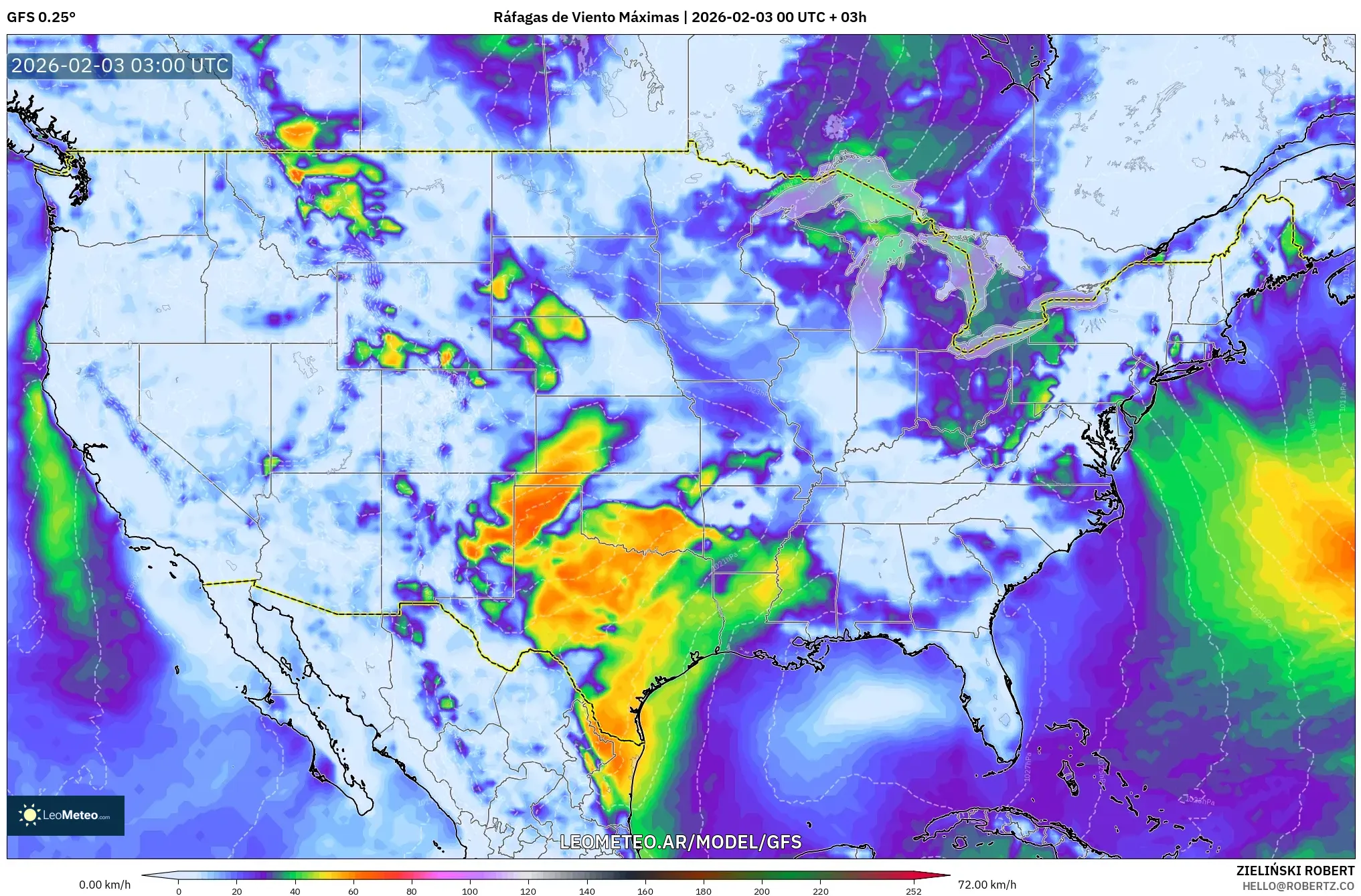 GFS model - Estados Unidos, Ráfagas de Viento Máximas