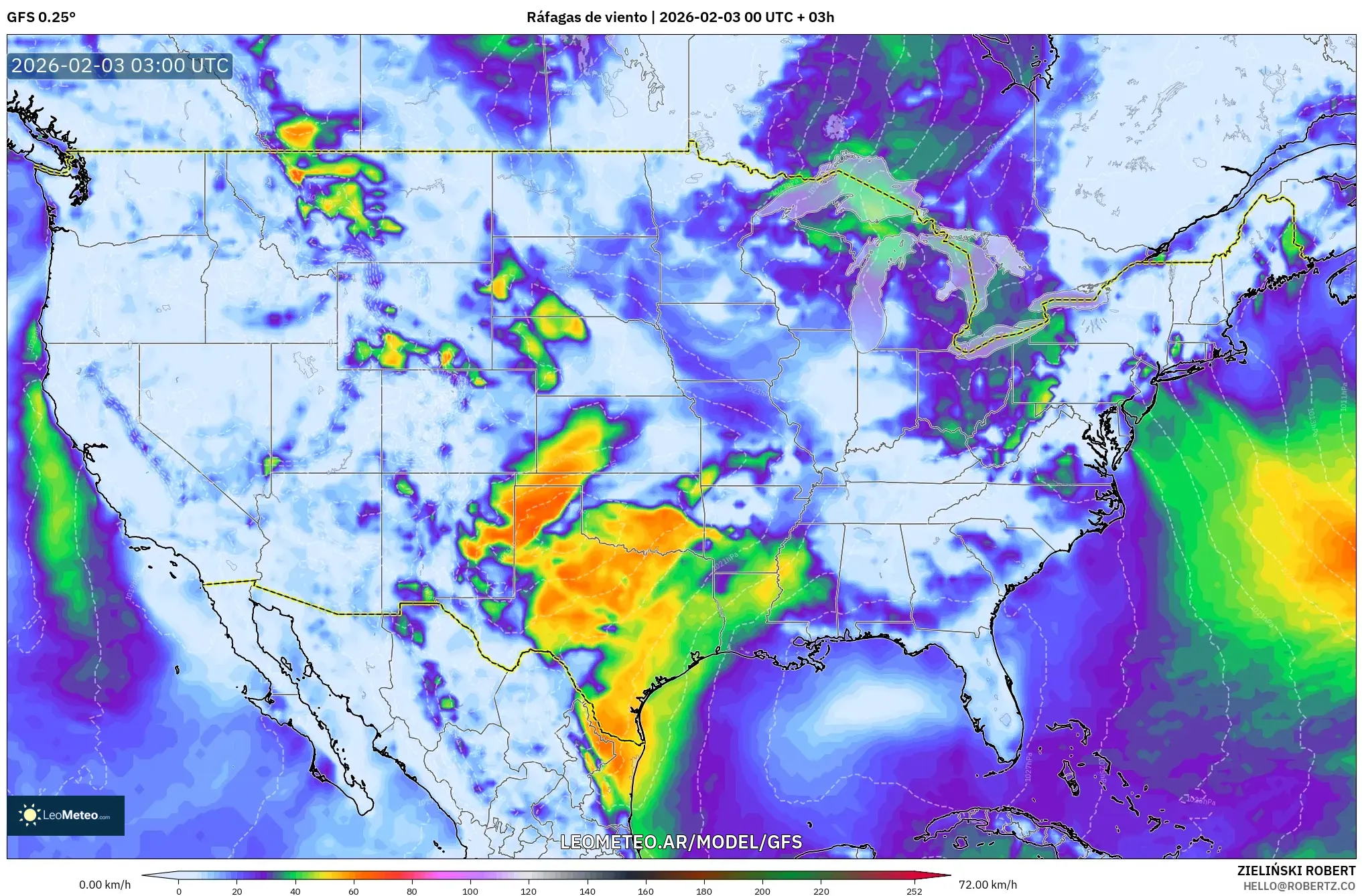 GFS model - Estados Unidos, Ráfagas de viento
