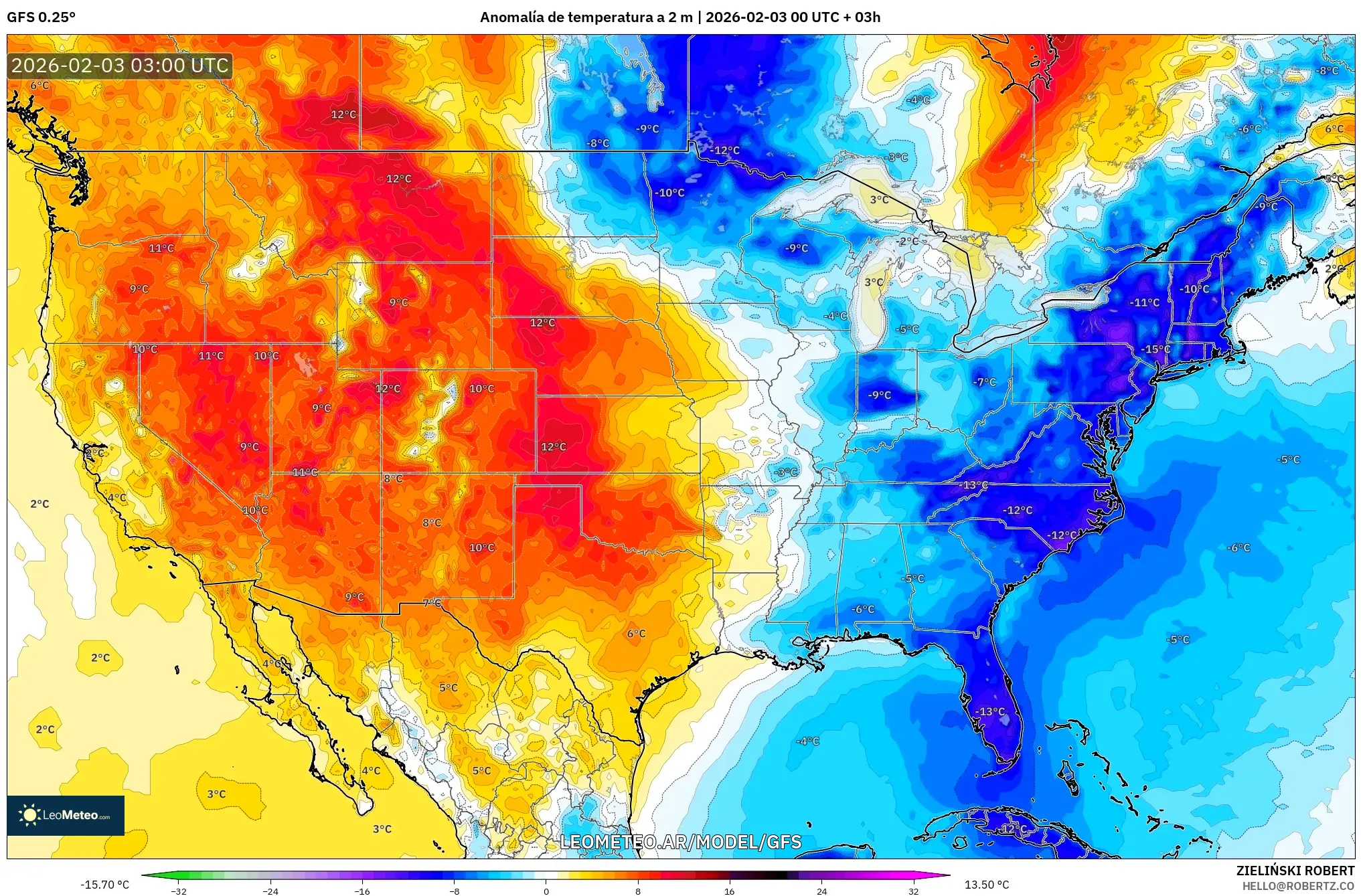 GFS model - Estados Unidos, Anomalía de temperatura a 2 m