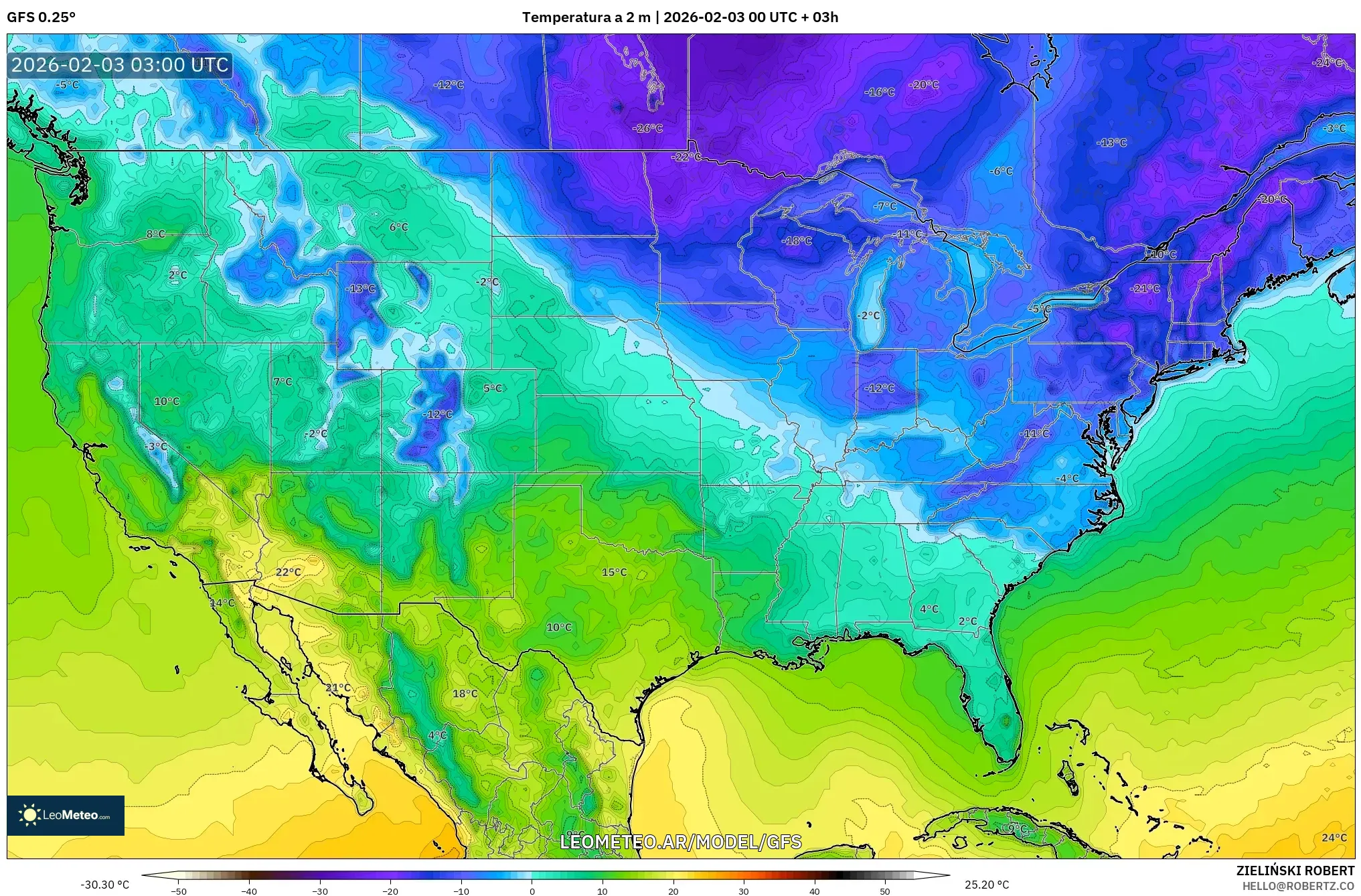 GFS model - Estados Unidos, Temperatura a 2 m