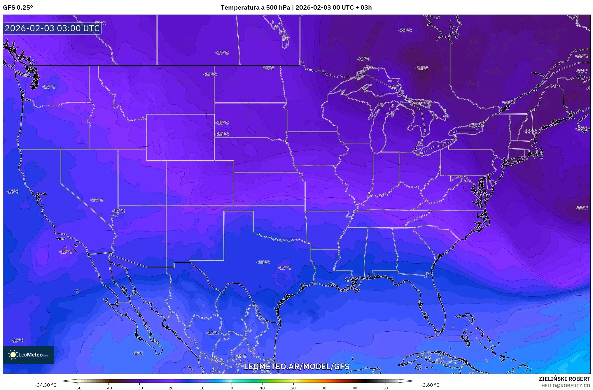 GFS model - Estados Unidos, Temperatura a 500 hPa