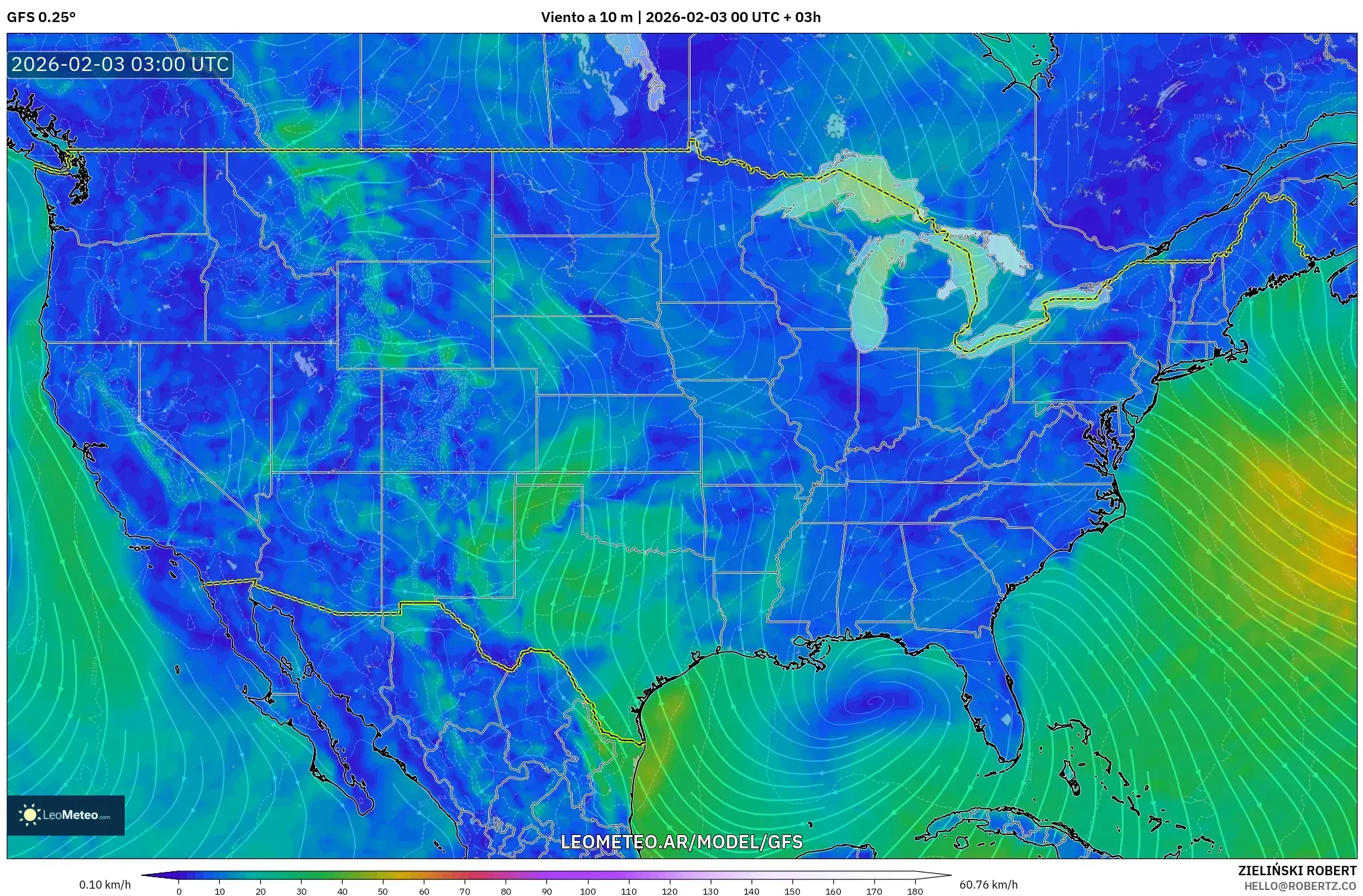 GFS model - Estados Unidos, Viento a 10 m