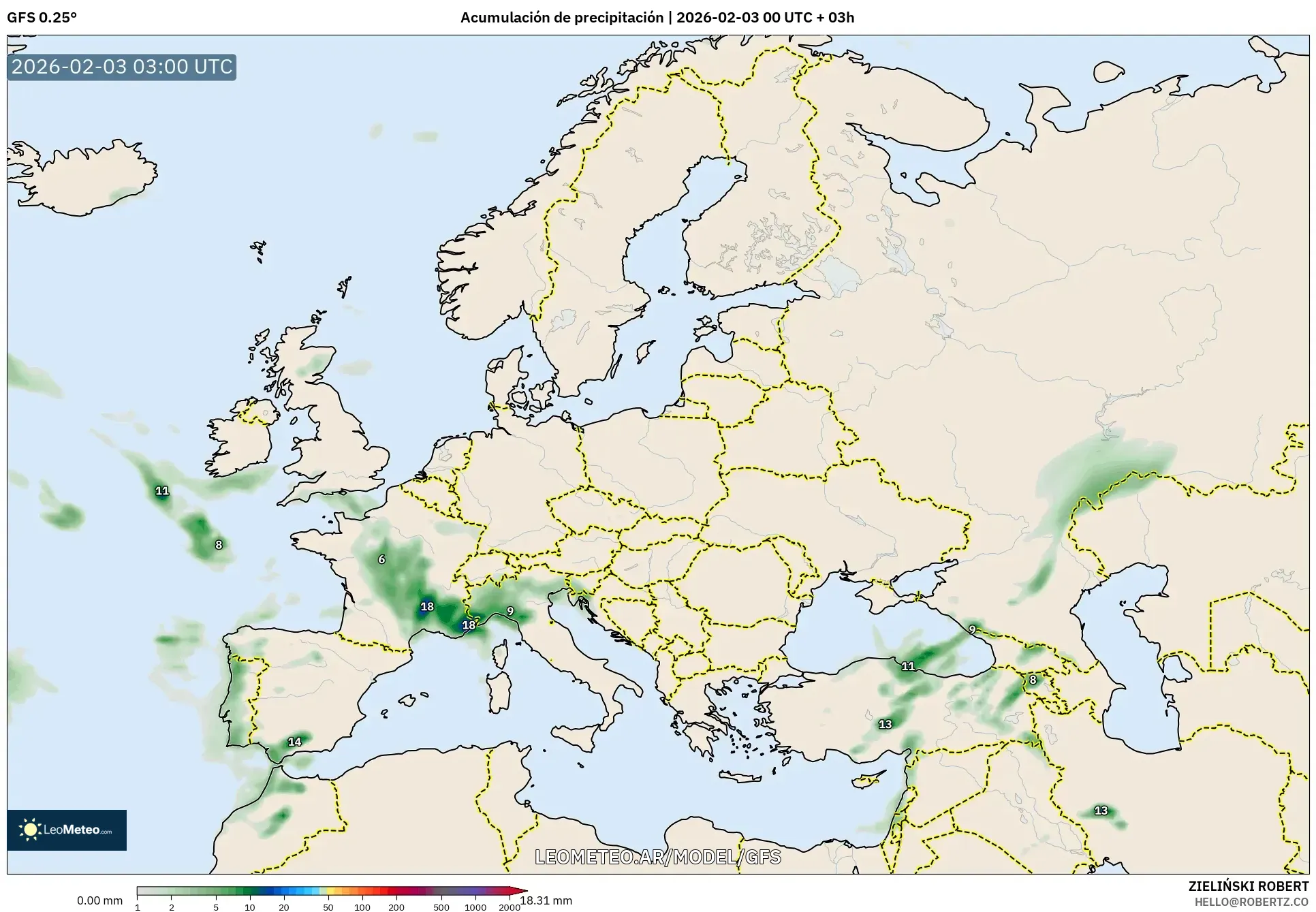 GFS model - Europa, Acumulación de precipitación