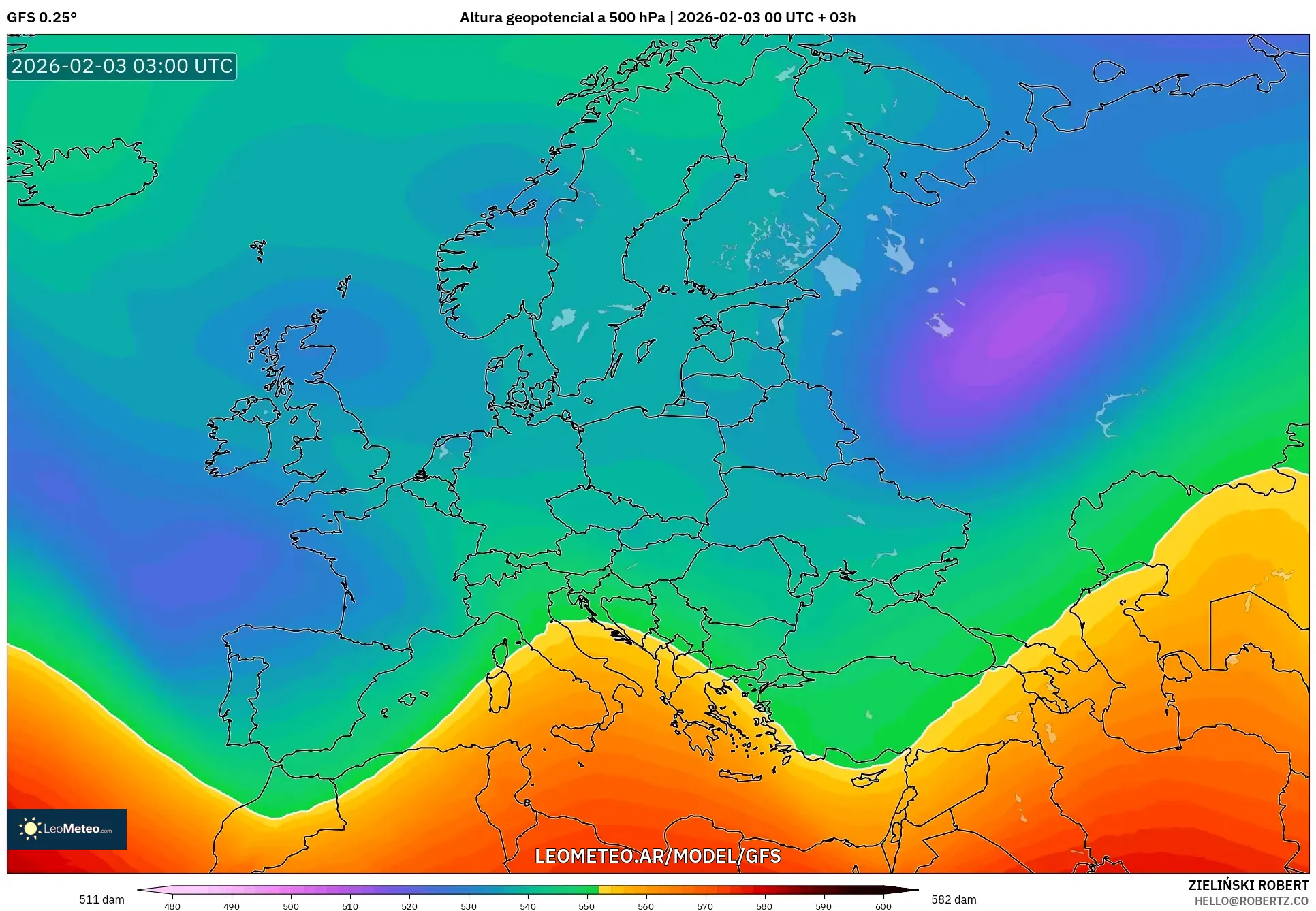 GFS model - Europa, Altura geopotencial a 500 hPa