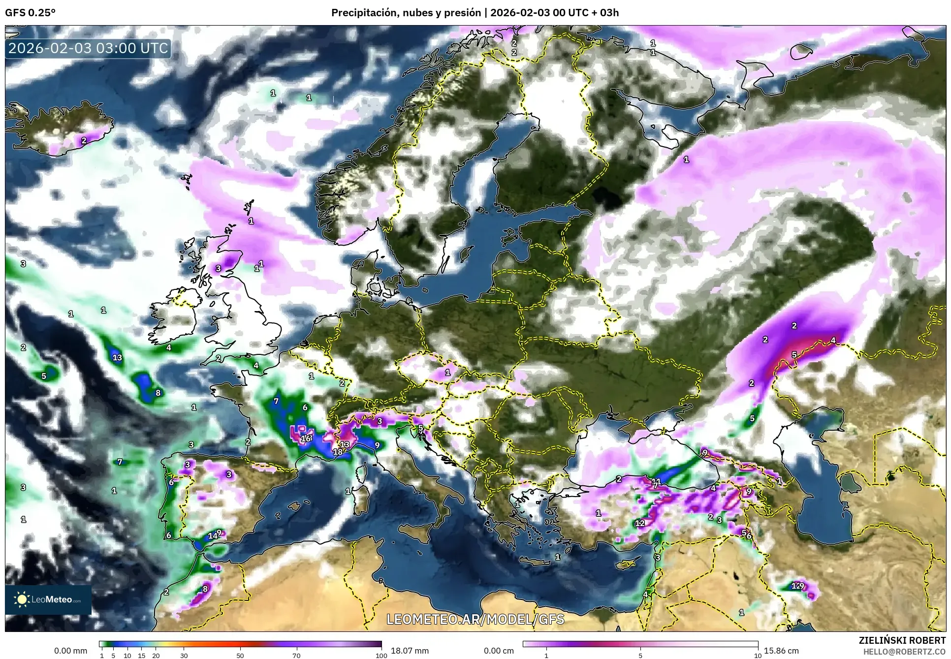 GFS model - Europa, Precipitación, nubes y presión
