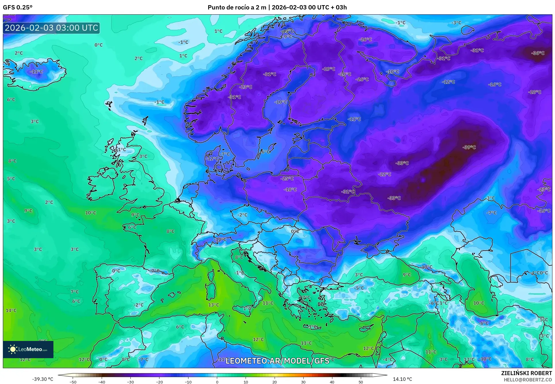 GFS model - Europa, Punto de rocío a 2 m