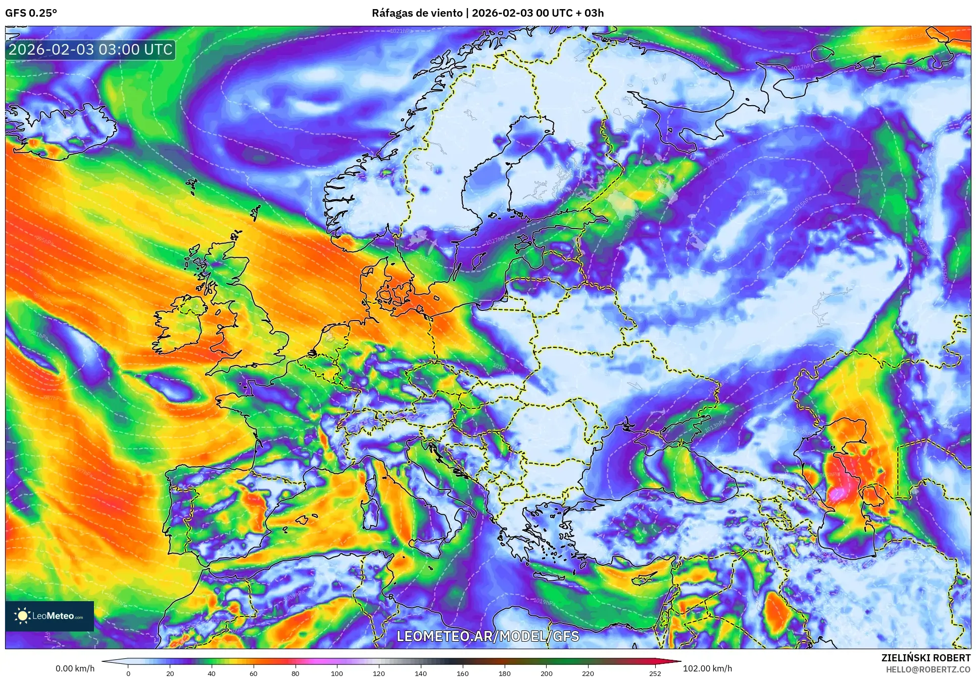 GFS model - Europa, Ráfagas de viento