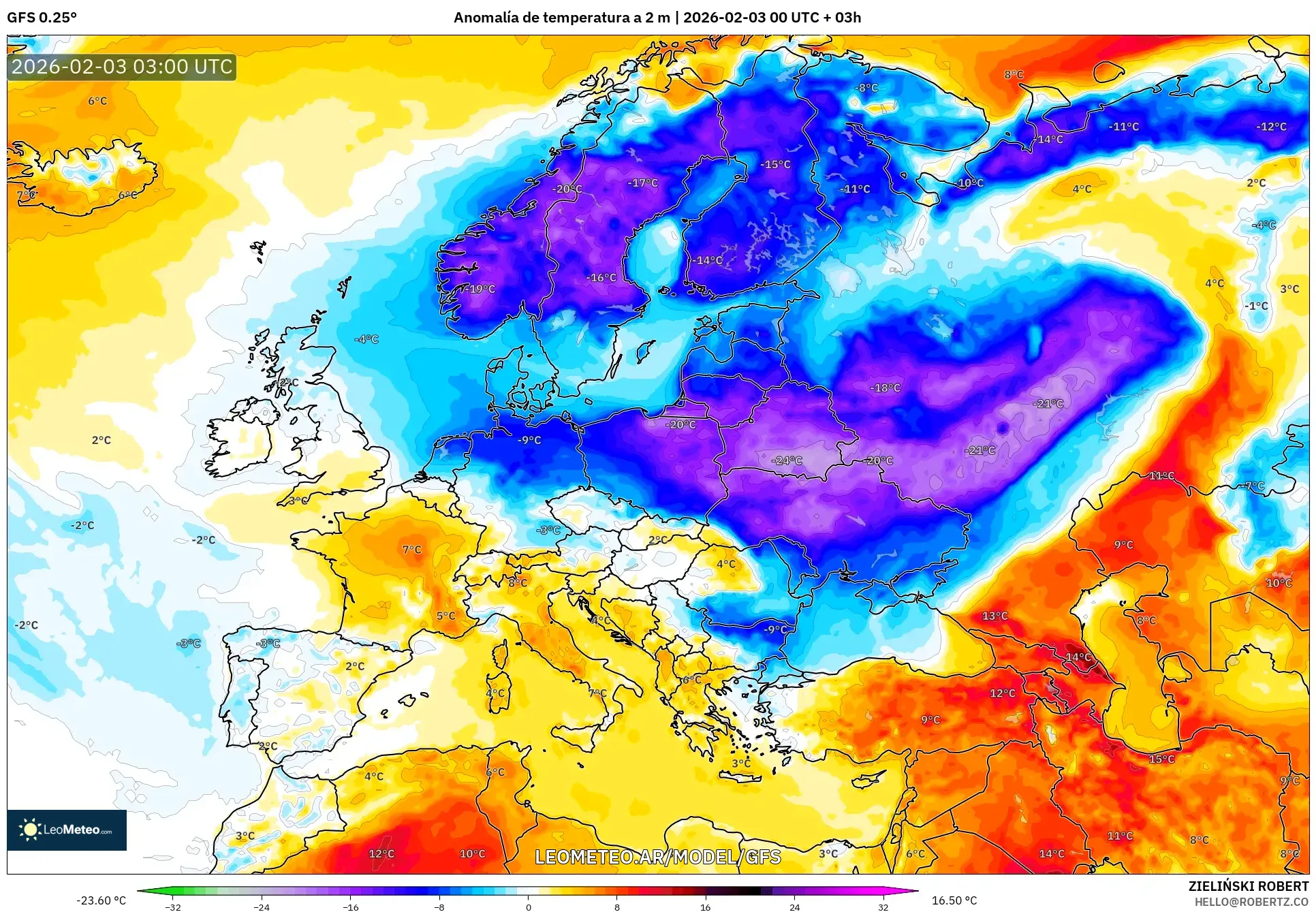 GFS model - Europa, Anomalía de temperatura a 2 m