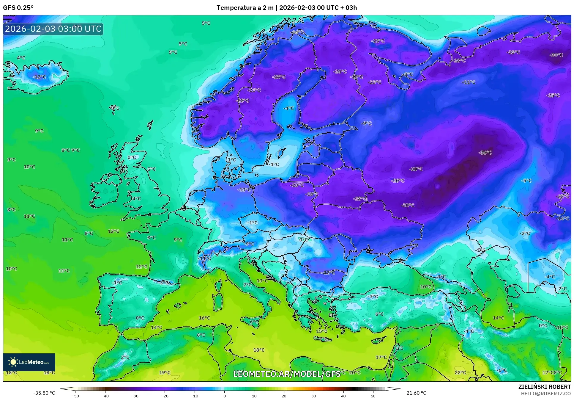 GFS model - Europa, Temperatura a 2 m
