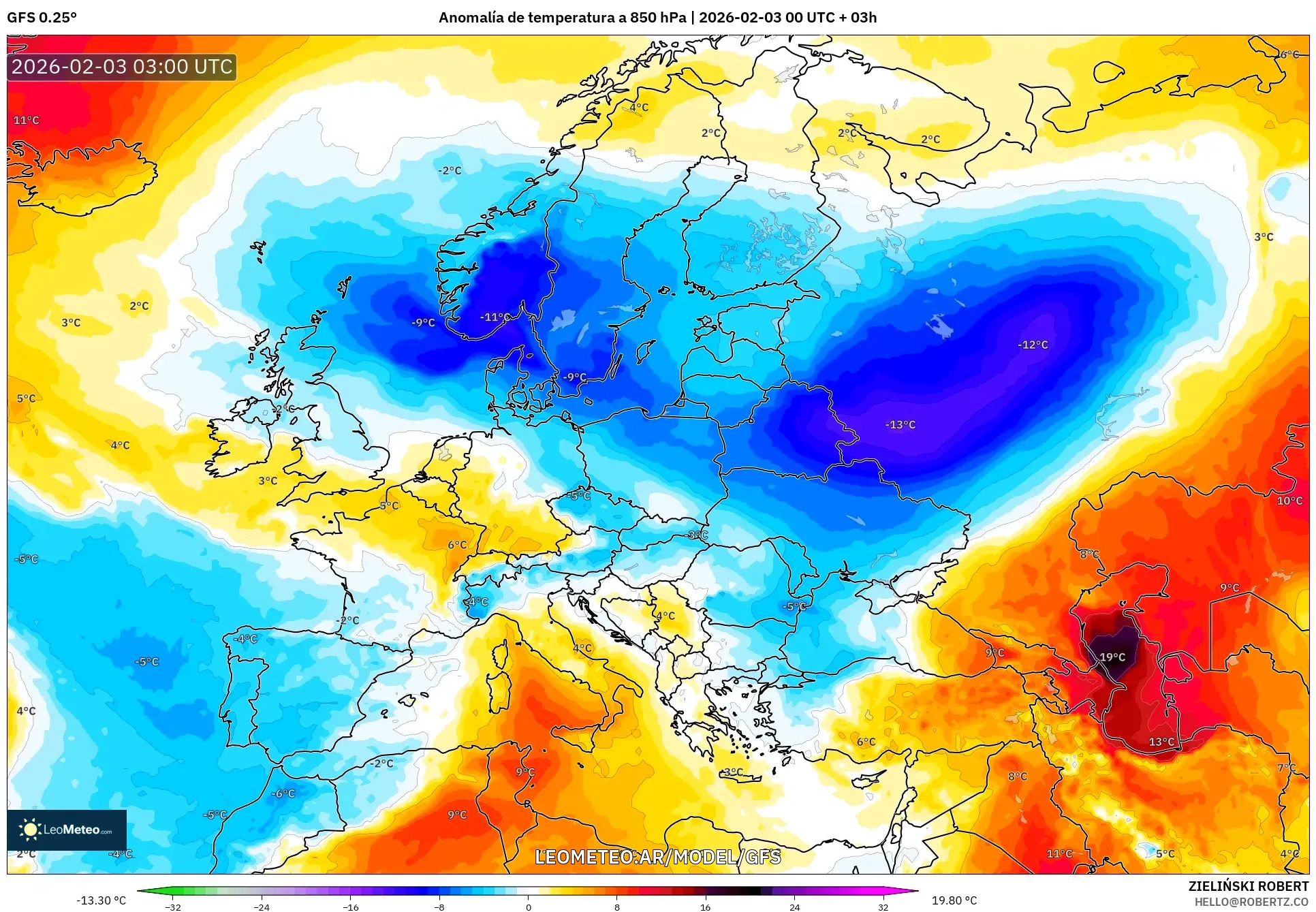 GFS model - Europa, Anomalía de temperatura a 850 hPa