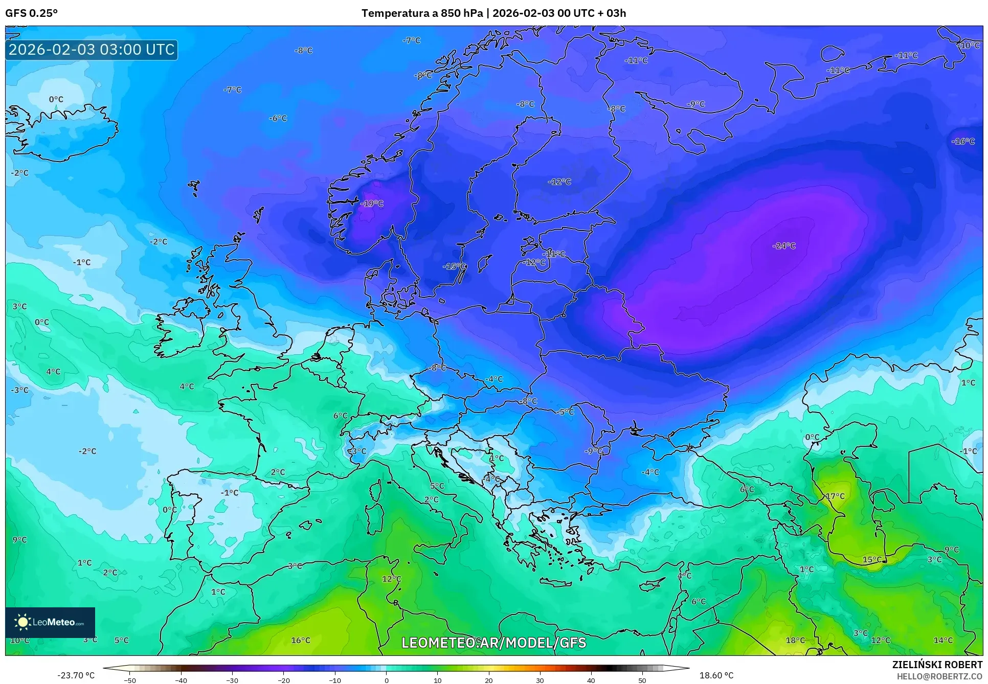GFS model - Europa, Temperatura a 850 hPa