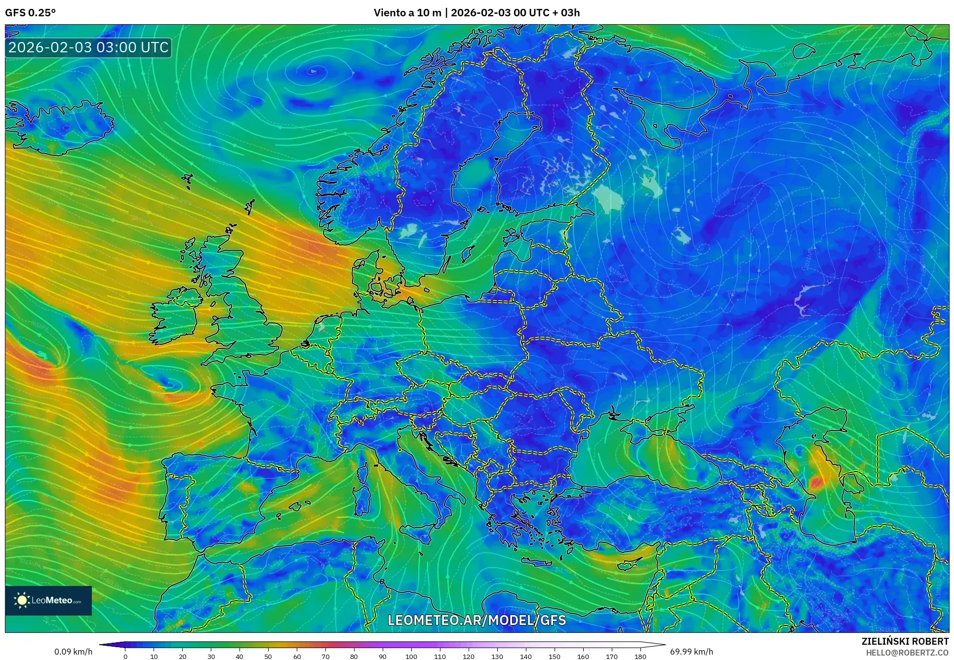 GFS model - Europa, Viento a 10 m