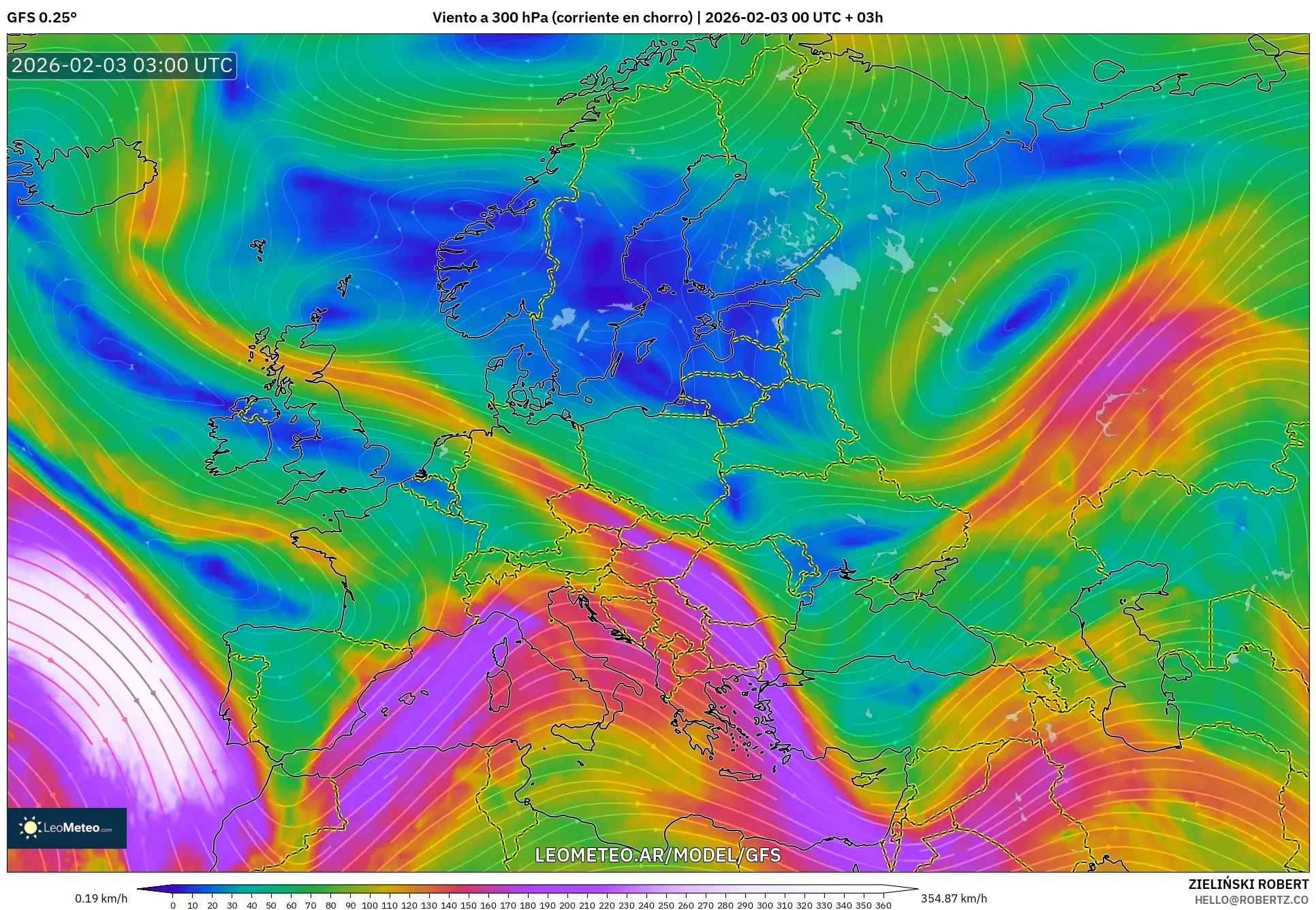 GFS model - Europa, Viento a 300 hPa (corriente en chorro)