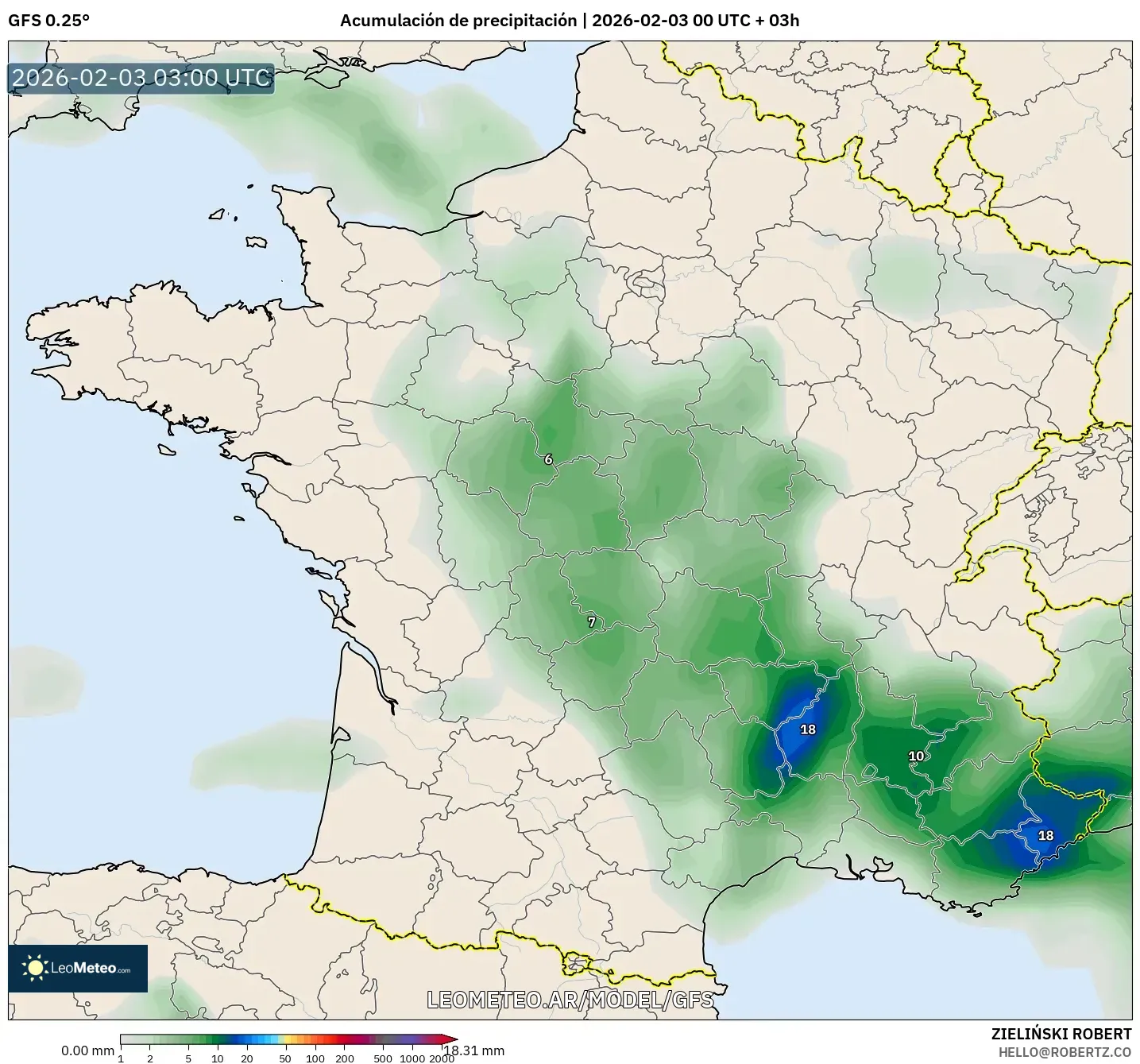 GFS model - Francia, Acumulación de precipitación