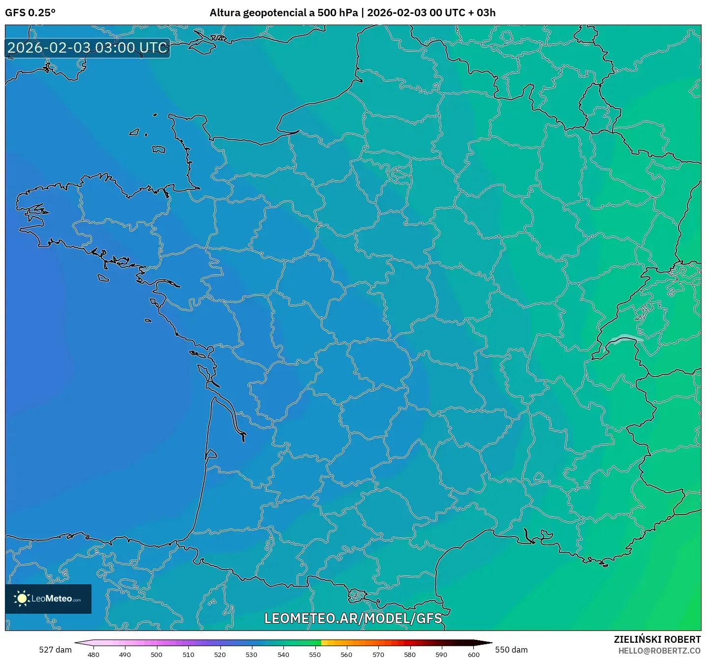 GFS model - Francia, Altura geopotencial a 500 hPa