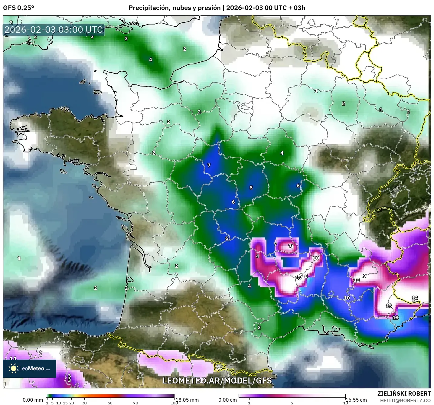 GFS model - Francia, Precipitación, nubes y presión