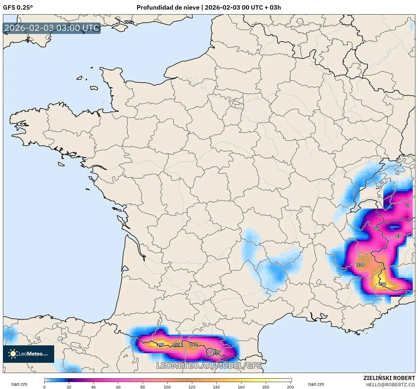 GFS model - Francia, Profundidad de nieve