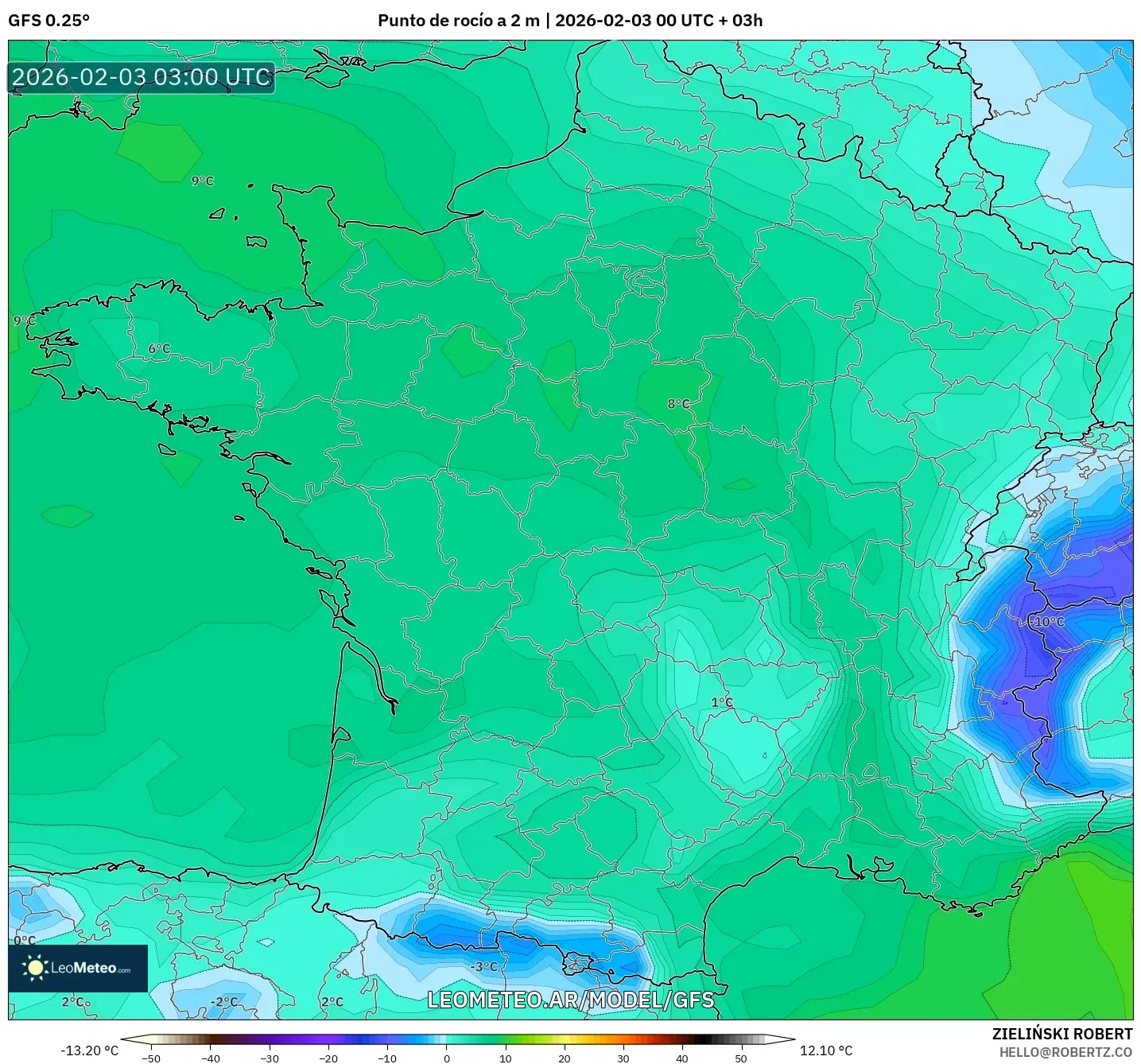 GFS model - Francia, Punto de rocío a 2 m