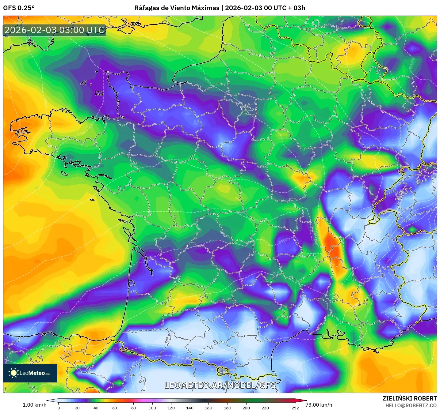 GFS model - Francia, Ráfagas de Viento Máximas
