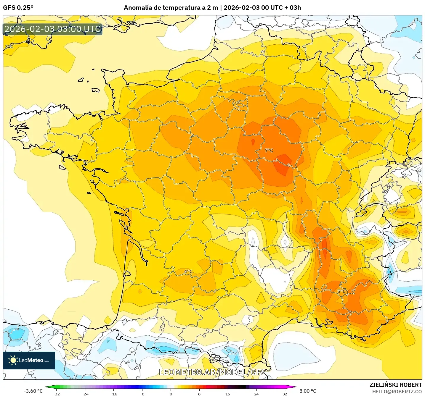 GFS model - Francia, Anomalía de temperatura a 2 m