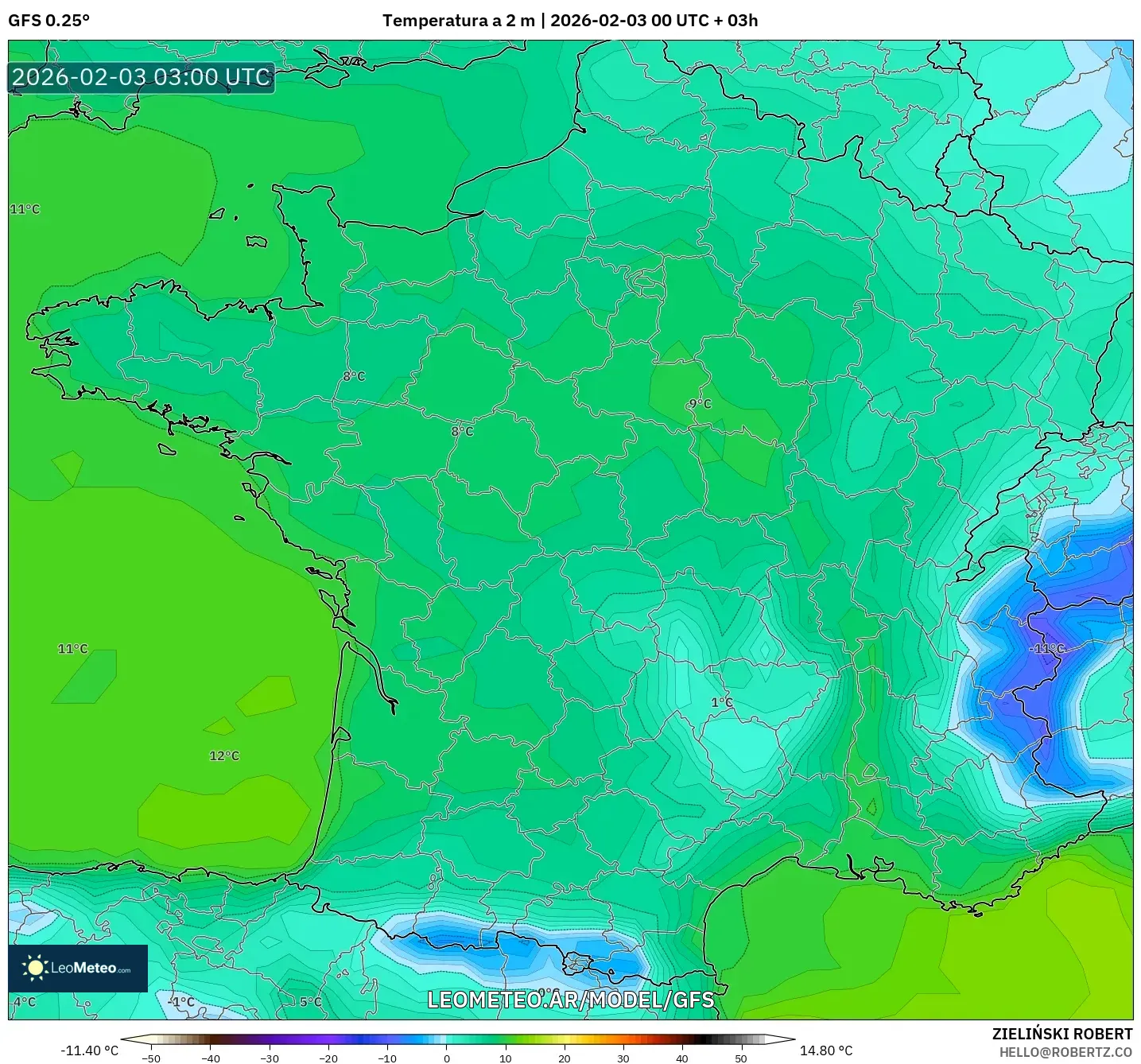 GFS model - Francia, Temperatura a 2 m