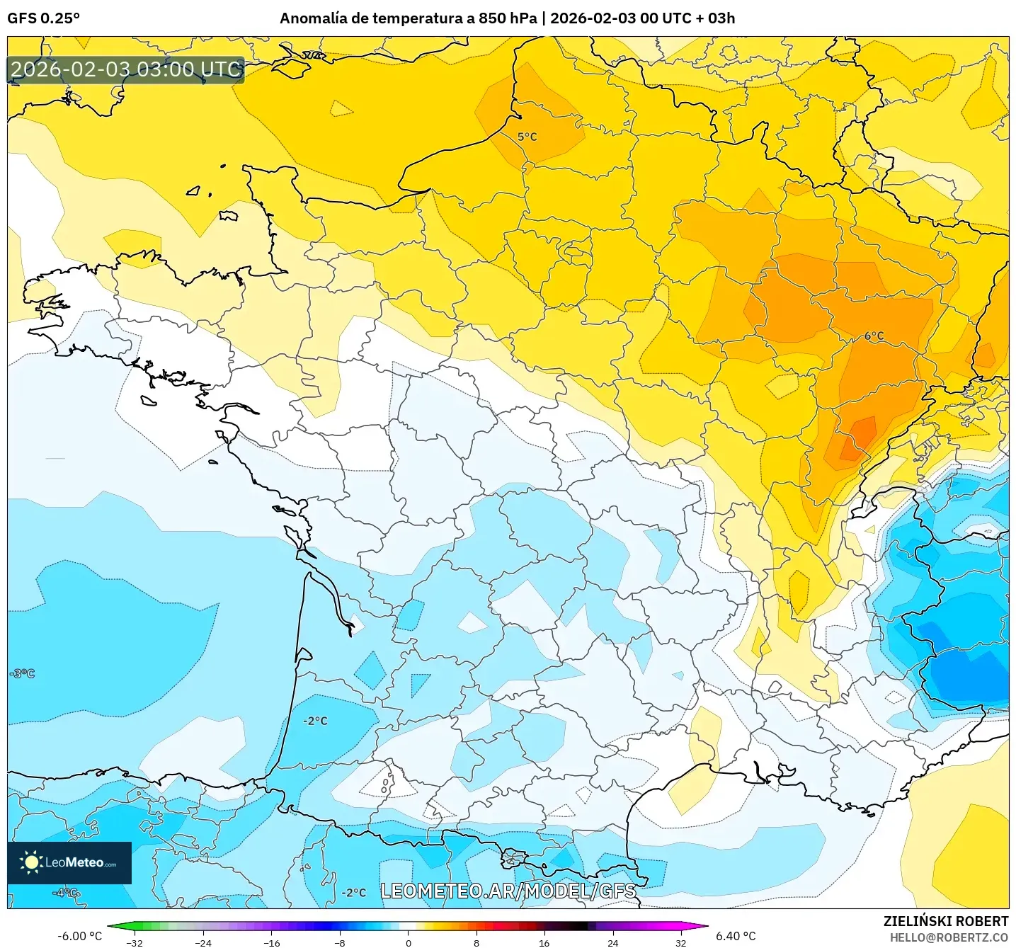 GFS model - Francia, Anomalía de temperatura a 850 hPa