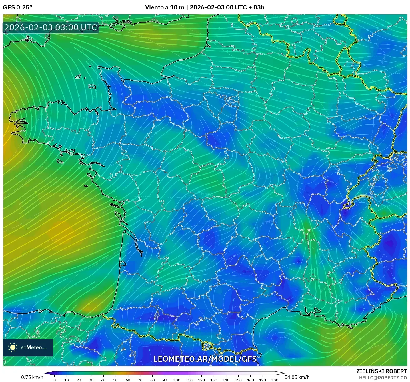 GFS model - Francia, Viento a 10 m