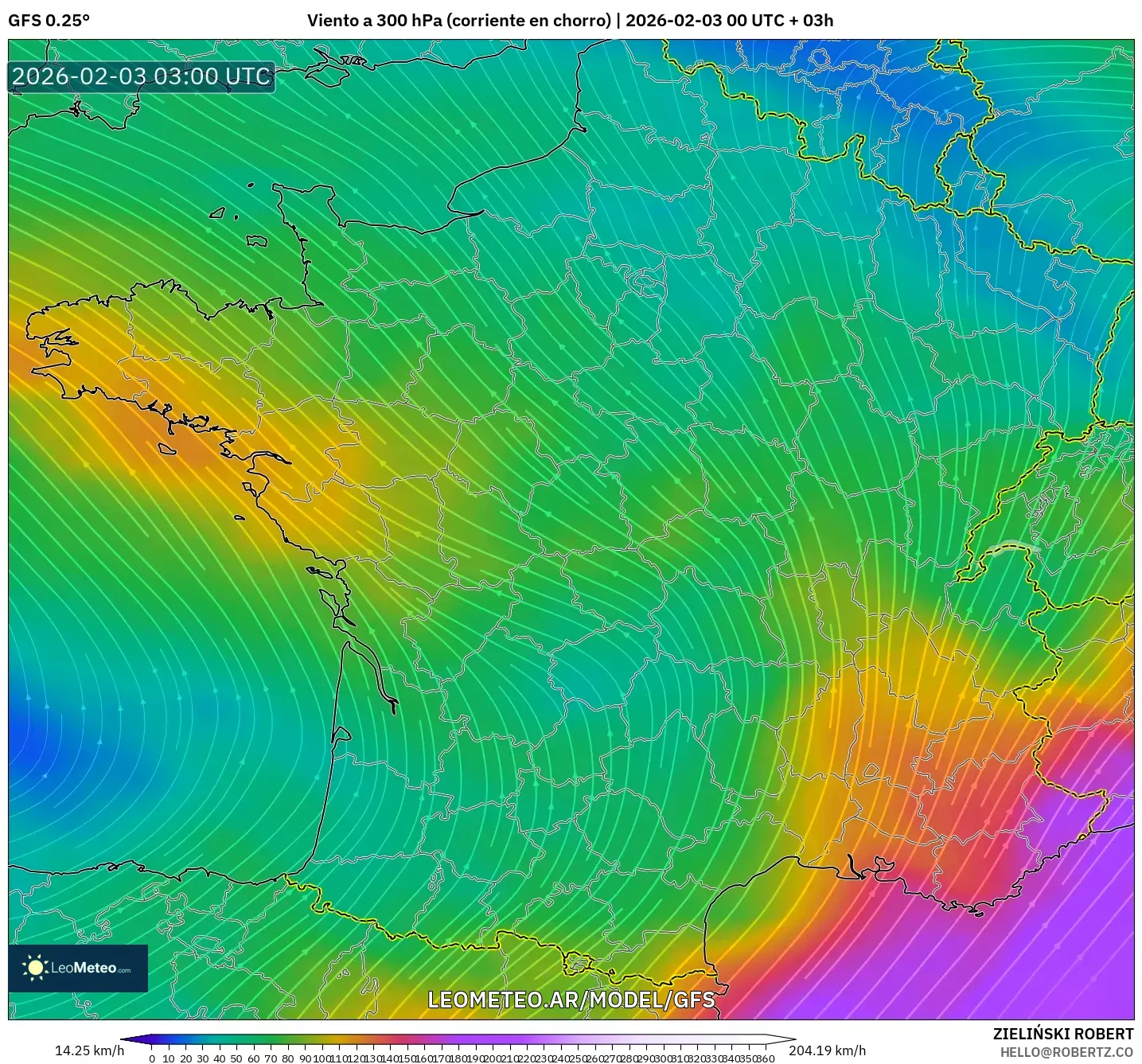 GFS model - Francia, Viento a 300 hPa (corriente en chorro)
