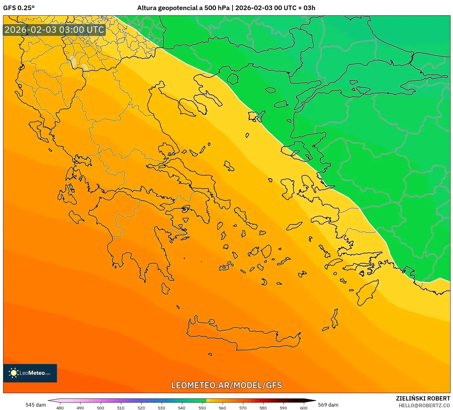 GFS model - Grecia, Altura geopotencial a 500 hPa